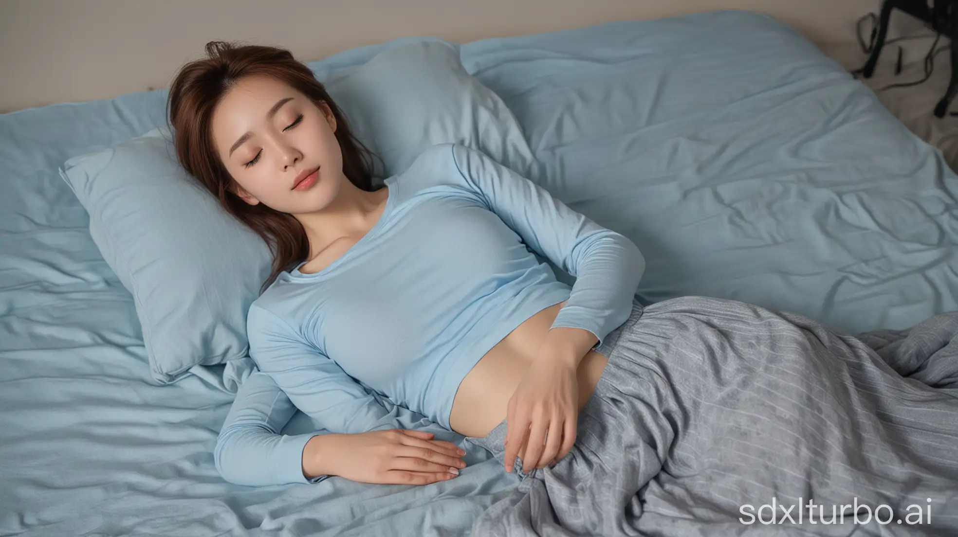 Zhao-Lusi-Sleeping-on-a-Winter-Night-in-Light-Blue-Outfit