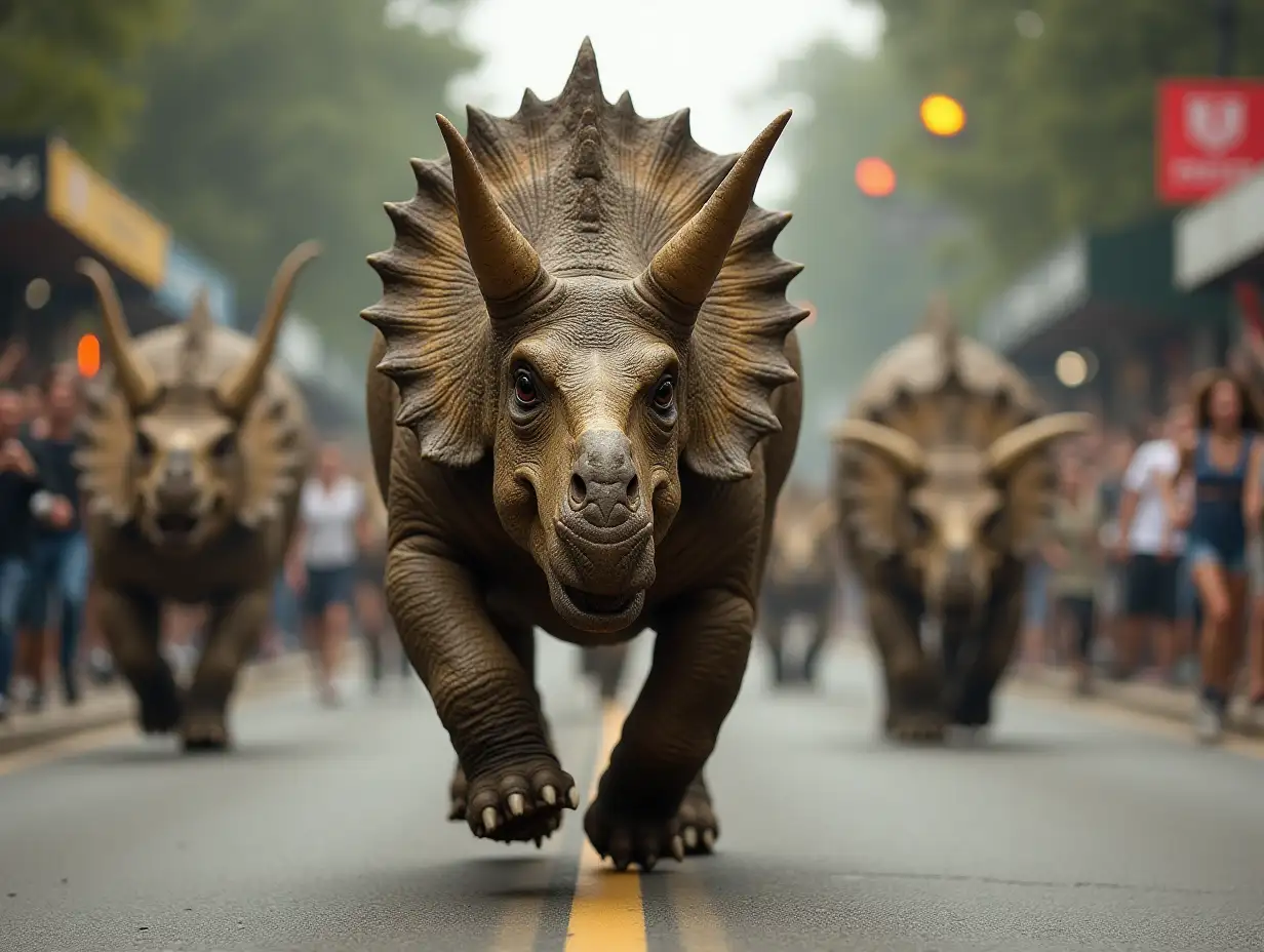 30 triceratops are stampede in the street human running away