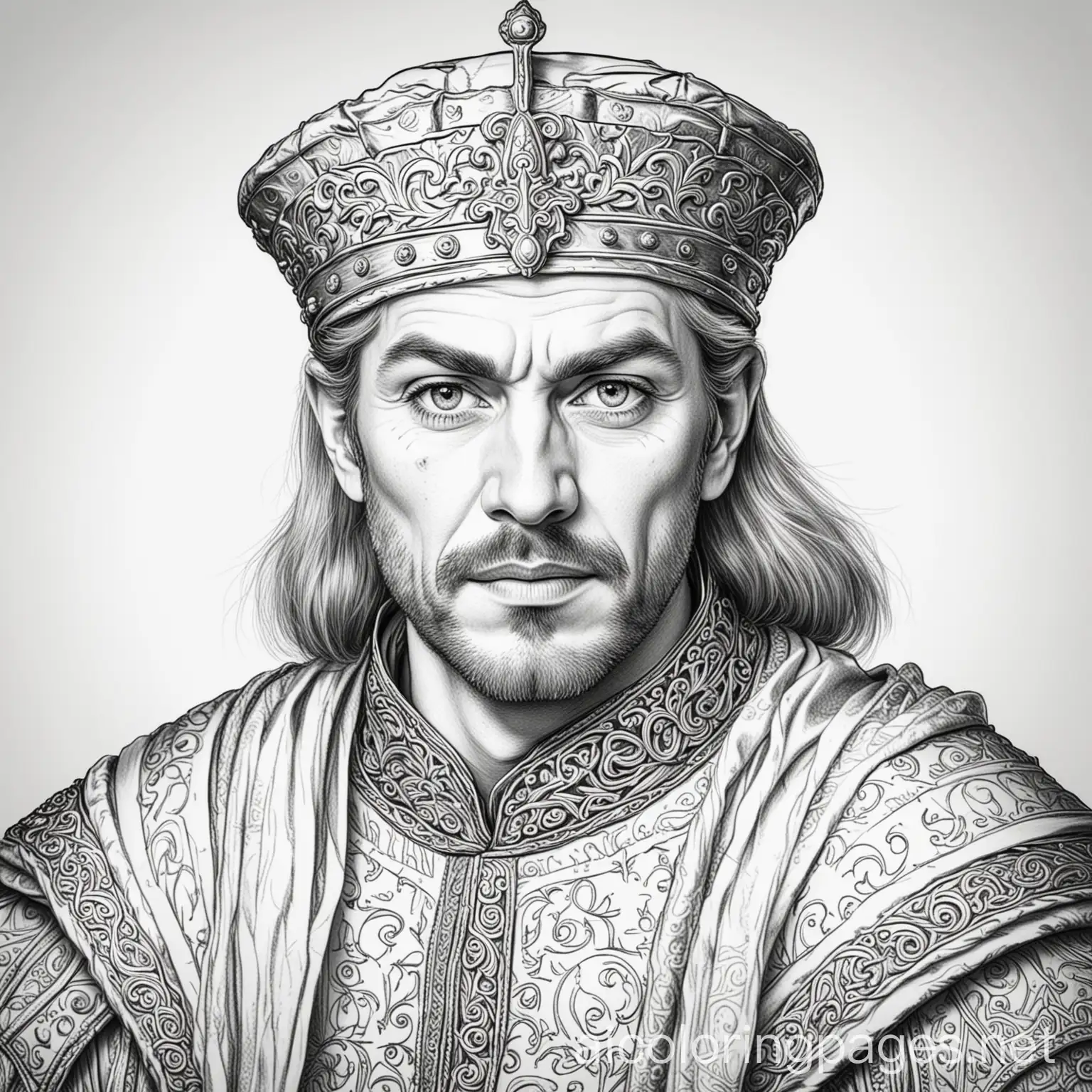 12th century English nobleman with fierce expression , Coloring Page, black and white, line art, white background, Simplicity, Ample White Space. The background of the coloring page is plain white to make it easy for young children to color within the lines. The outlines of all the subjects are easy to distinguish, making it simple for kids to color without too much difficulty