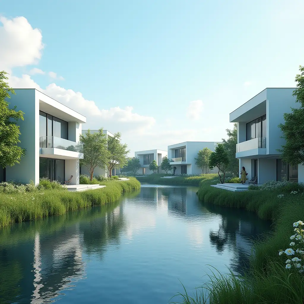futuristic glass residential houses on the river bank. Summer, sunny day. 4k realism