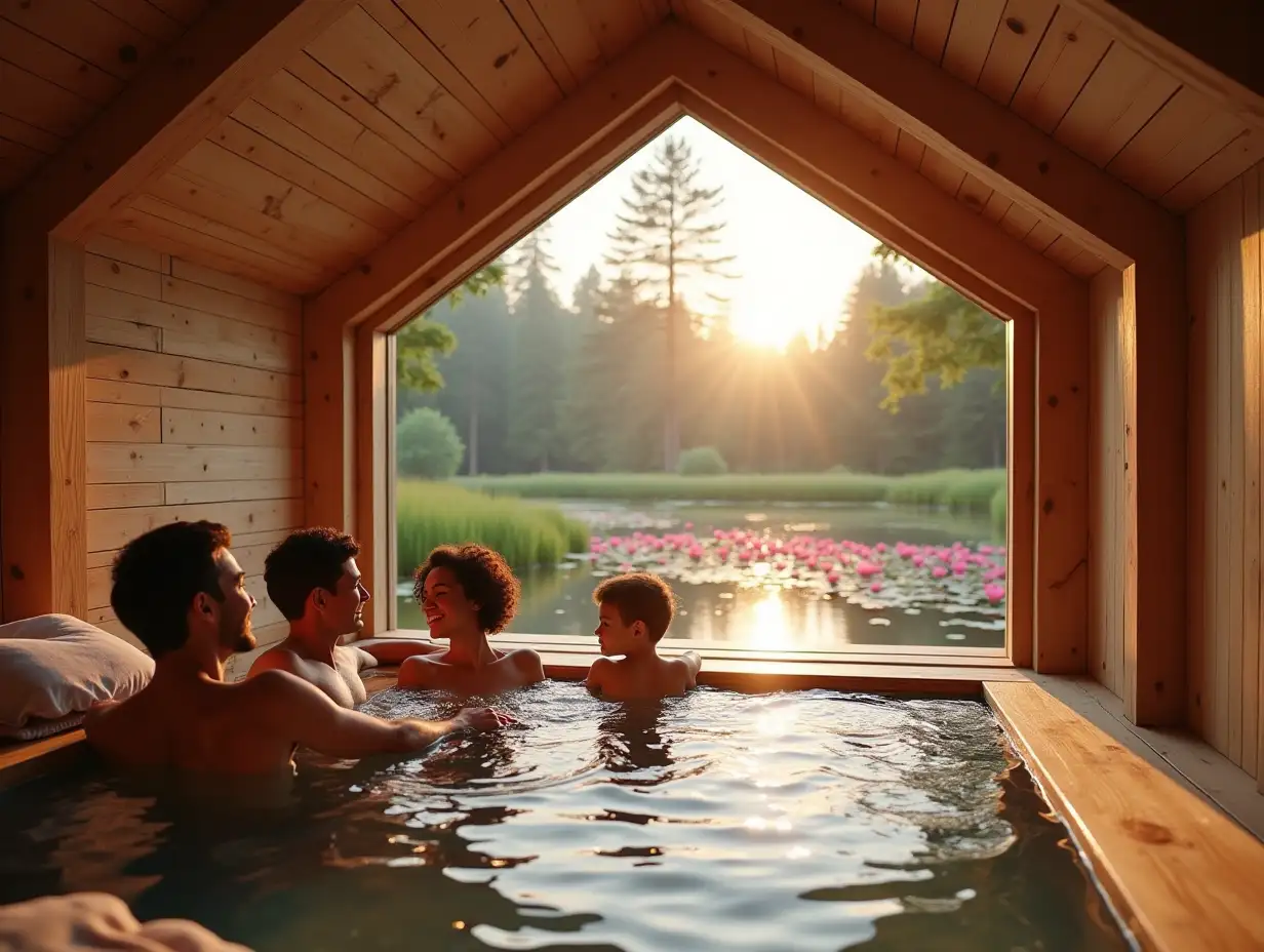 a cheerful family of a man and a woman and their little child lie and sit in a steam room that is all made of wood, behind them there is a large single panoramic window, and outside the window there is a huge eco-pond with crystal clear water and a large number of pink lily lilies and the pond has natural gentle grassy banks, similar to wild ponds, on the other there are only 3 small one-storey chalet houses located away from the shore of the pond, these houses have the appearance of a one-storey chalet with a gable tiled roof, each roof slope is smooth without bending, these chalet houses are built from a system of wooden beams, consisting only of vertical wooden beams, and only in the half-timbered style, and between the glass beams, the glass walls are panoramic windows in all walls from floor to roof, that is, each wall is a panoramic window, at sunset and in the reflections of sunset light, the foreground view is in focus, and the background is blurred, realistic