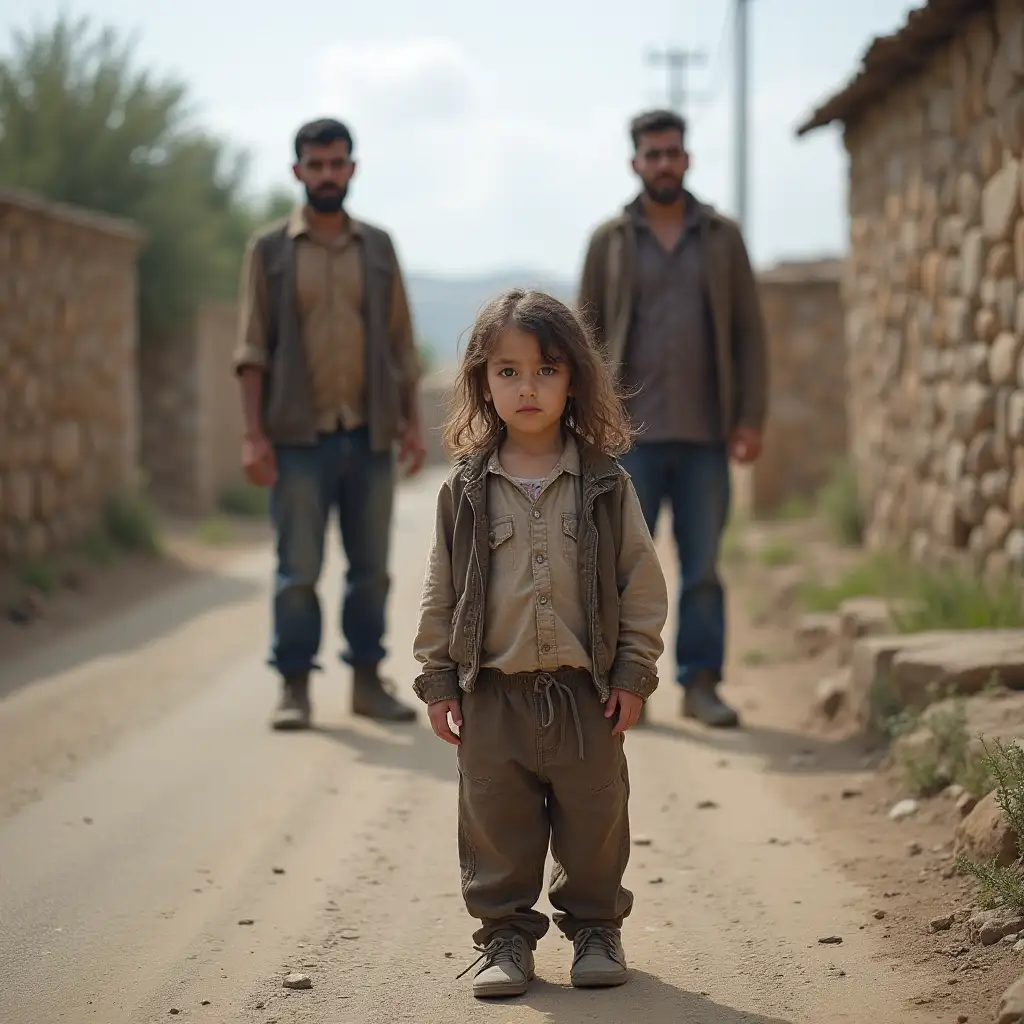 5 year old girl from Lebanon stands on the side of the road in a village. She wears old clothes and looks poor. Behind her, 2 men stand who look at her evil.