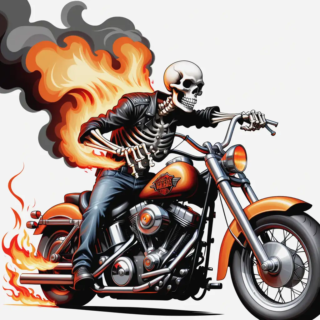 Skeleton Riding Harley Motorcycle with Flaming Exhaust on White Background