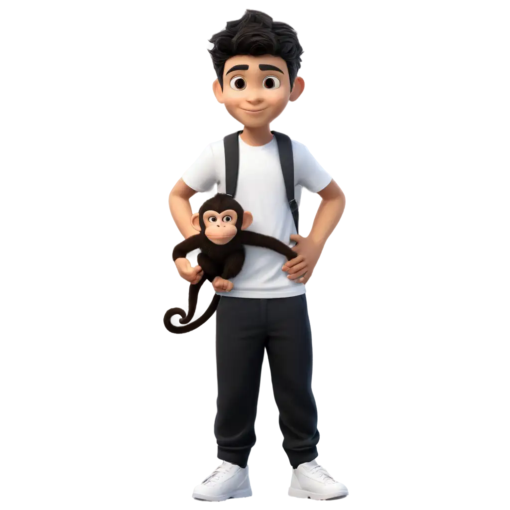 Create a 26 year Indian boy which stands in jungle in black track pant and white t-shirt with monkey