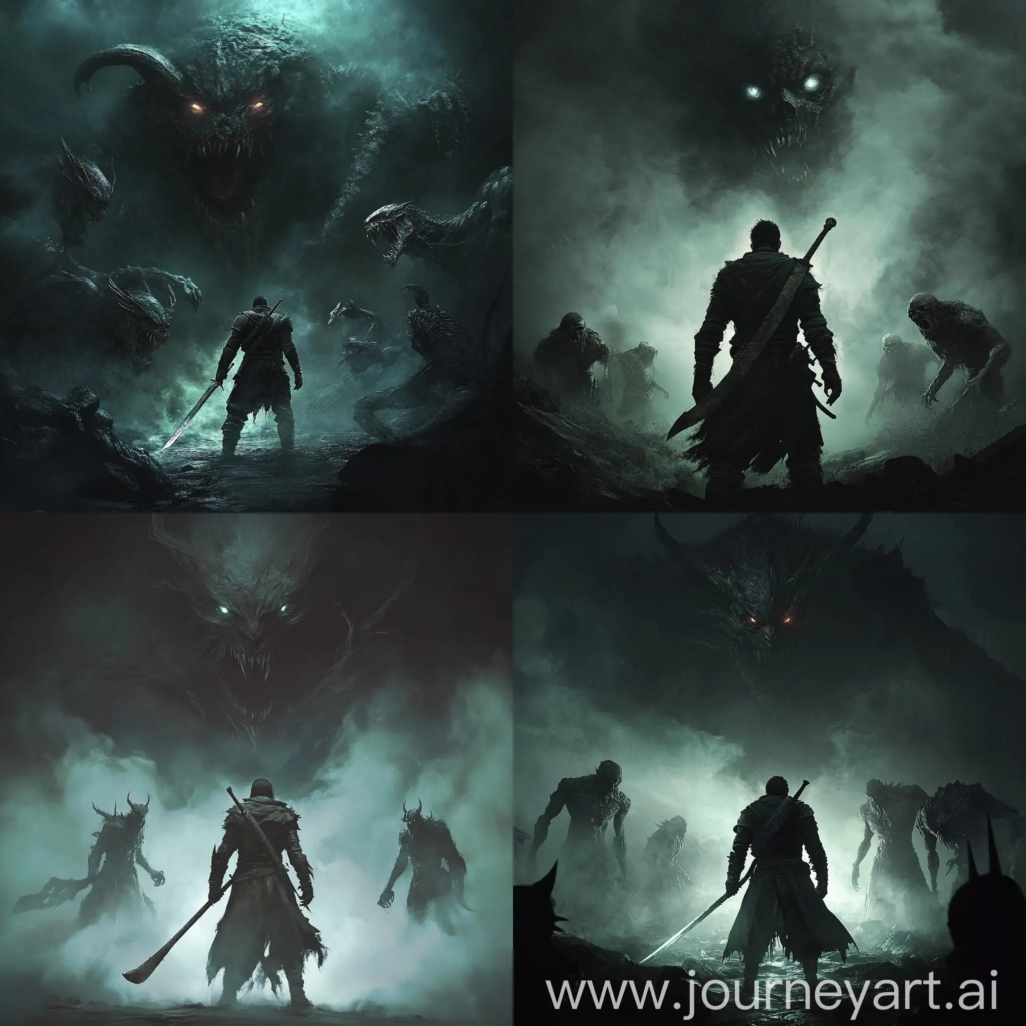 Dark-Fantasy-Game-Icon-Warrior-Defending-Against-Menacing-Monsters-in-Moody-Atmosphere