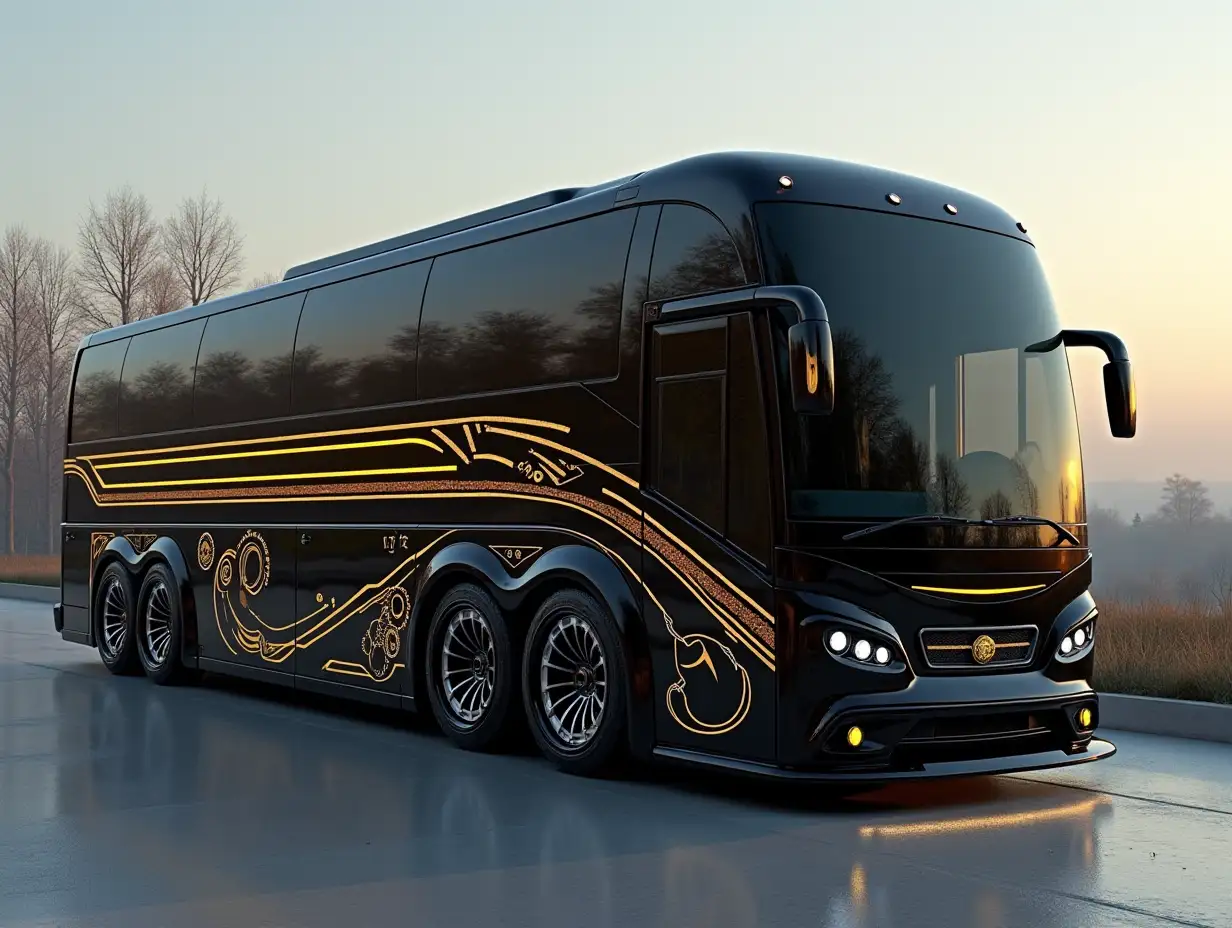 Supermodern utopian sports Omnibus black with Sport Reling,golden stripes on the side with gears,lowered body, 18-inch wide rims, aluminum wheels, cream silver black Cyberpunk.