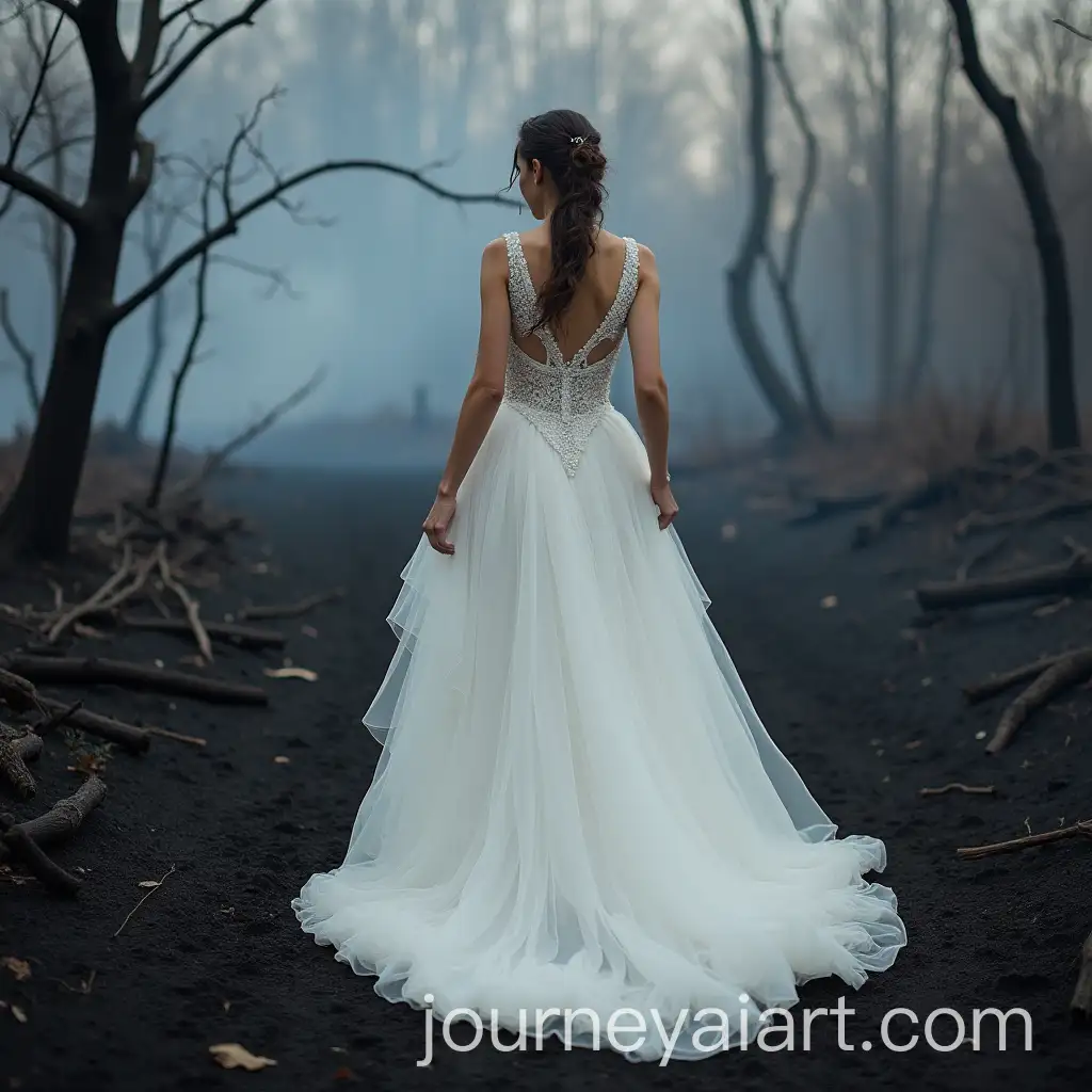 Bride-in-White-GAI-Art-Prompt-Expansionown-Gliding-Through-Charred-Forest-Amidst-Desolation