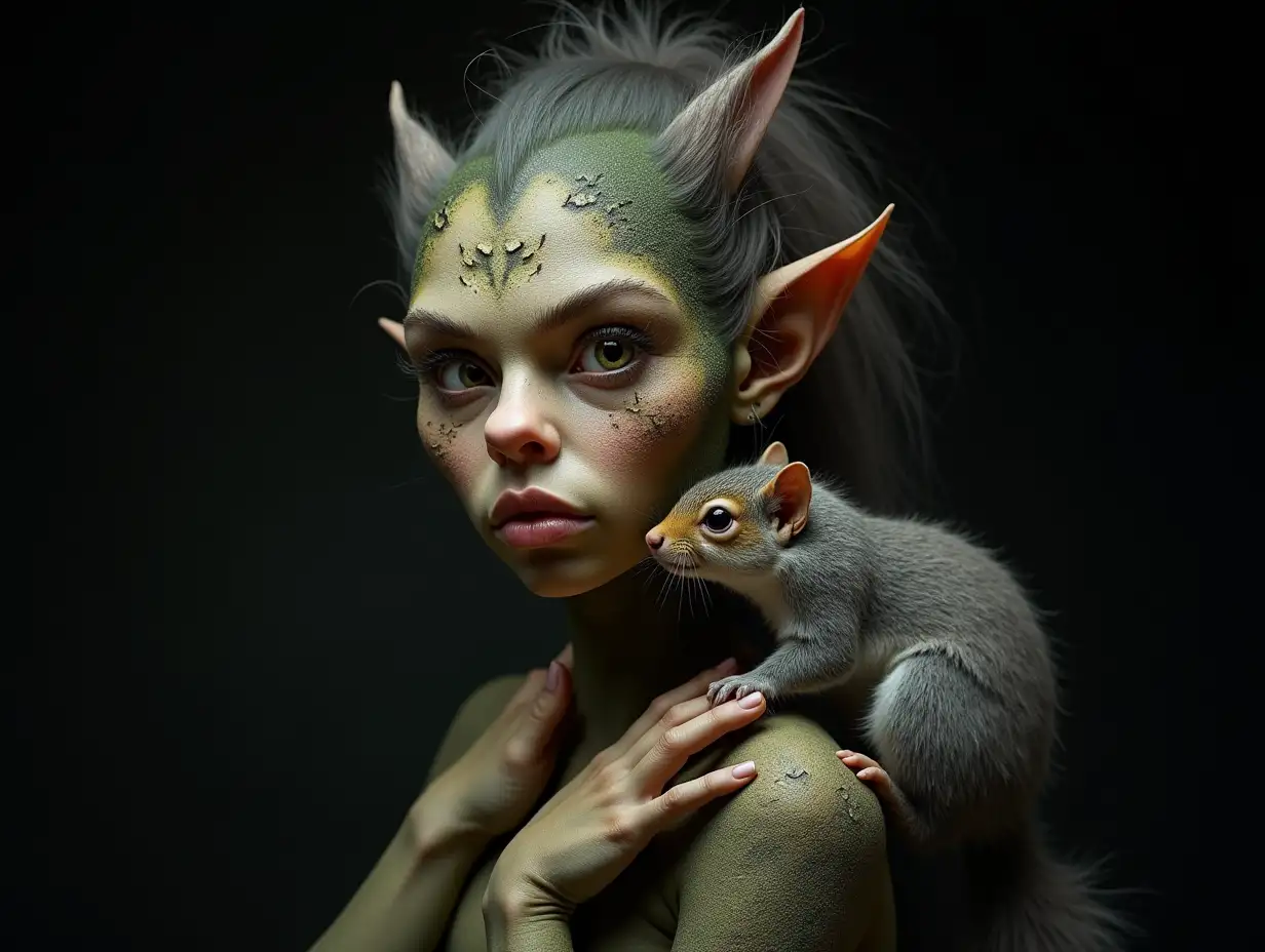 Fine art low key portrait of extreme realism and high definition of a female forest troll with her hands in an interesting position and looking directly with her intense and penetrating gaze at the camera, her skin has a slight extremely realistic stone texture with areas with very realistic moss. A gray squirrel with soft, abundant and slightly plump hair rests on her shoulder and sniffs the beautiful troll's cheeks, the squirrel is extremely realistic and high quality in definition and anatomy. Black background