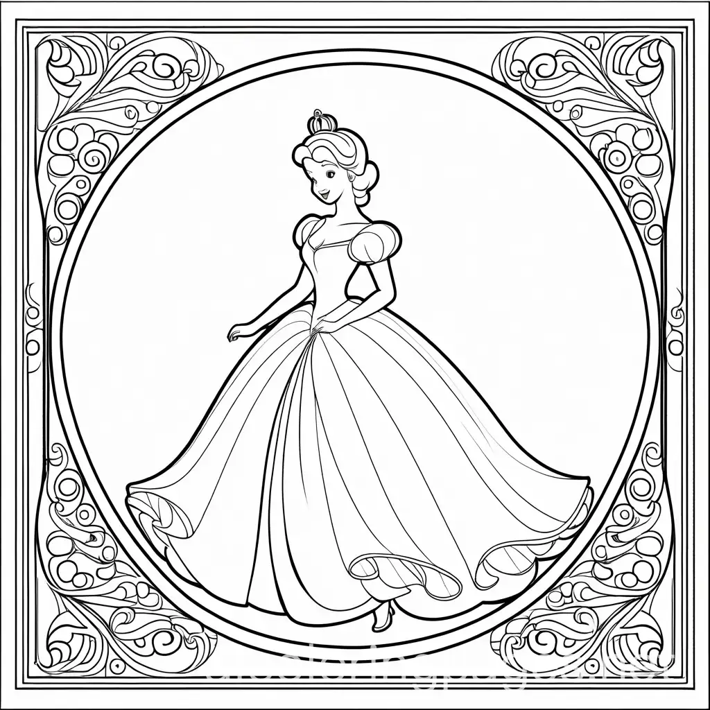 Cinderella , Coloring Page, black and white, line art, white background, Simplicity, Ample White Space. The background of the coloring page is plain white to make it easy for young children to color within the lines. The outlines of all the subjects are easy to distinguish, making it simple for kids to color without too much difficulty