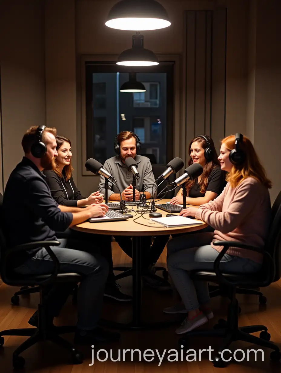 Group-of-People-Recording-Podcast-in-Soundproof-Studio-with-Microphones