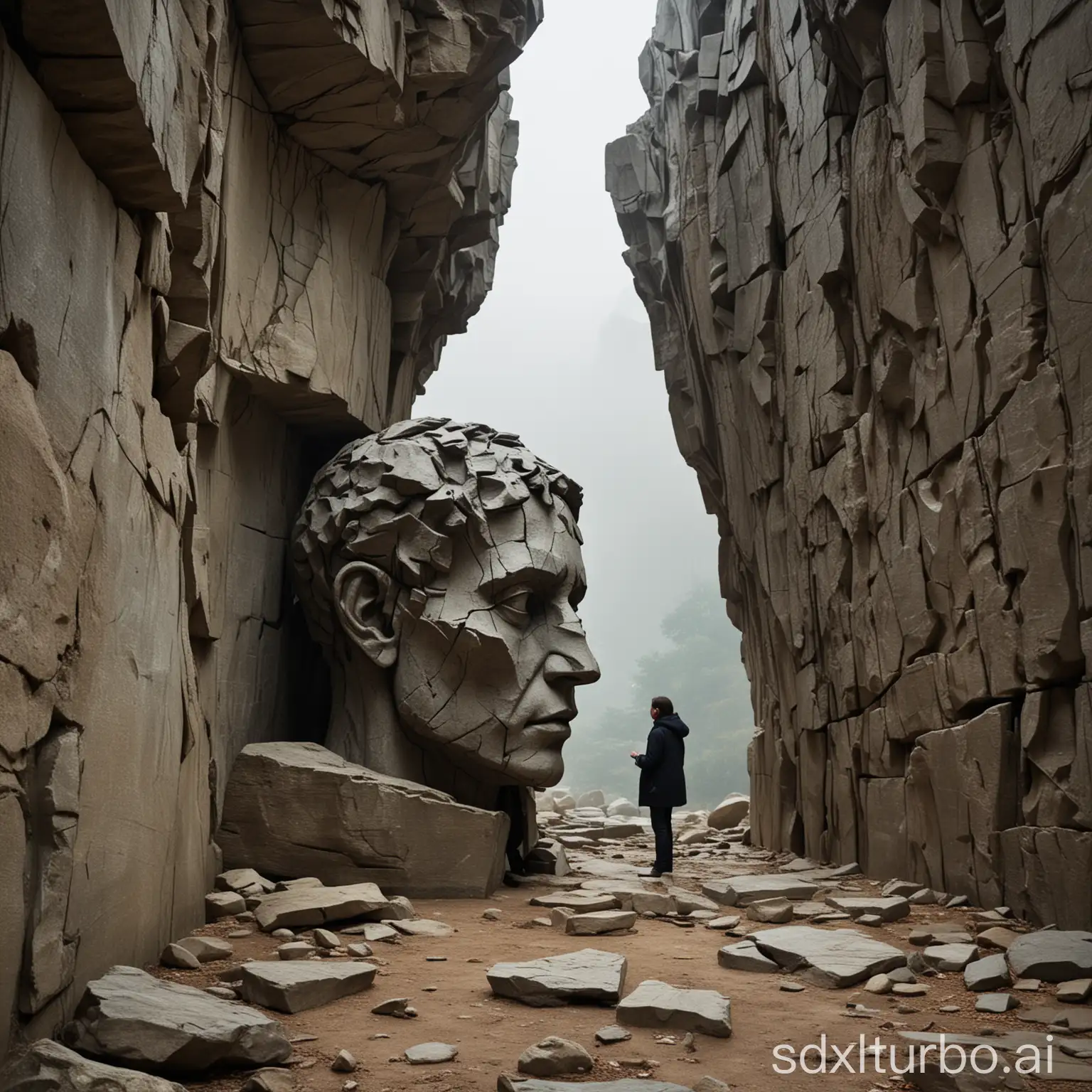 Comprehensive Prompt Instruction: Generate a surreal and atmospheric scene set in a vast, shadowy environment dominated by a colossal, cracked stone sculpture of a human head...