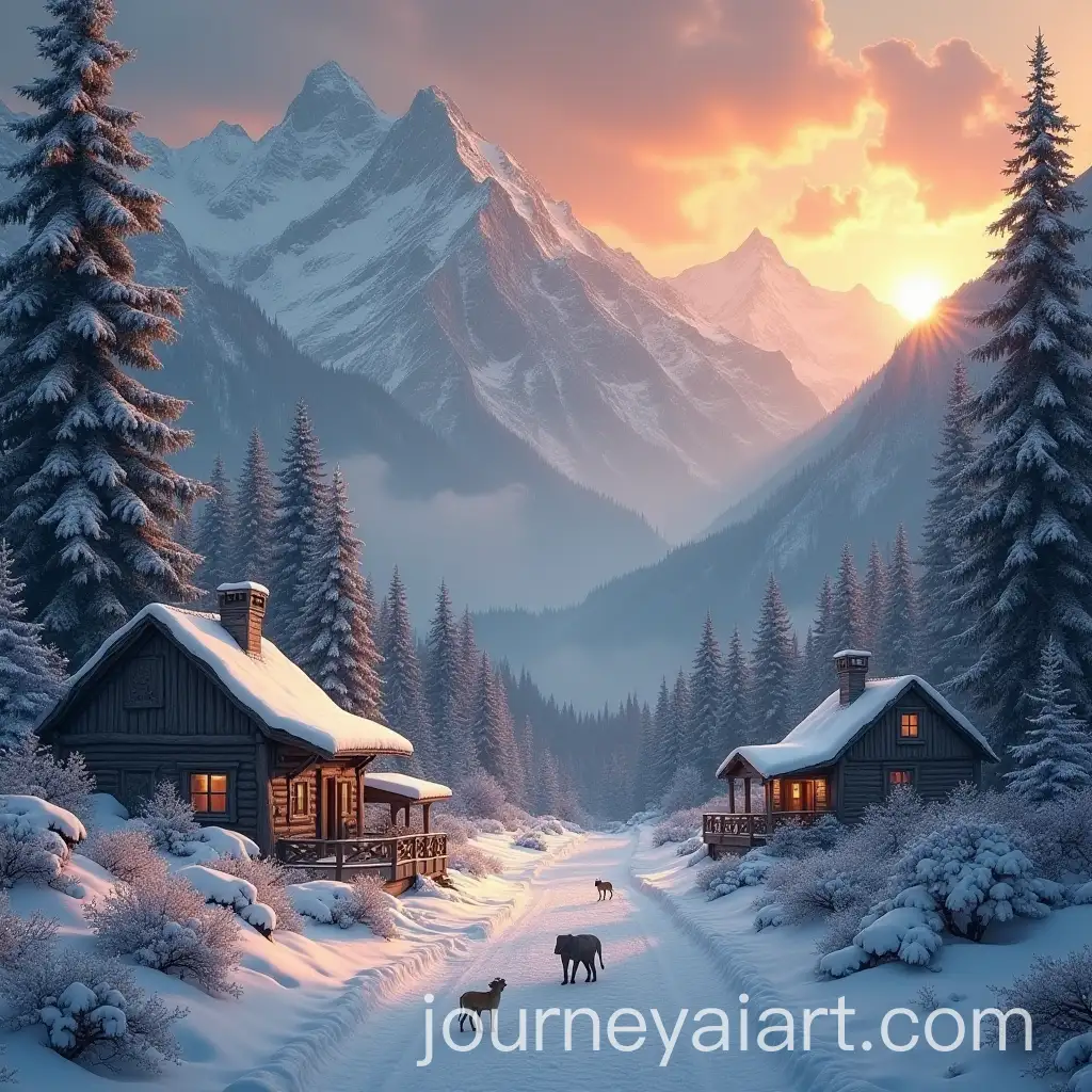 Snowy-Mountain-Village-at-Sunset-with-Wildlife