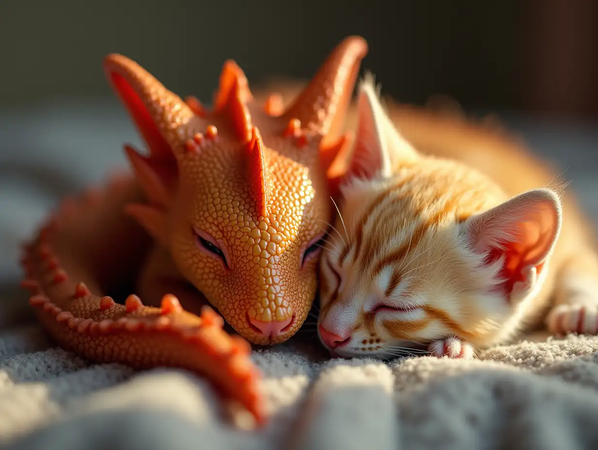 A small dragon and a kitten taking a nap together