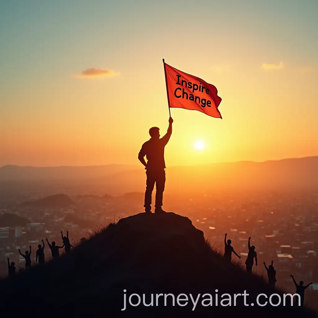 Volunteer-Standing-on-Hilltop-at-Sunrise-Holding-Inspire-Change-Flag-with-Town-Below