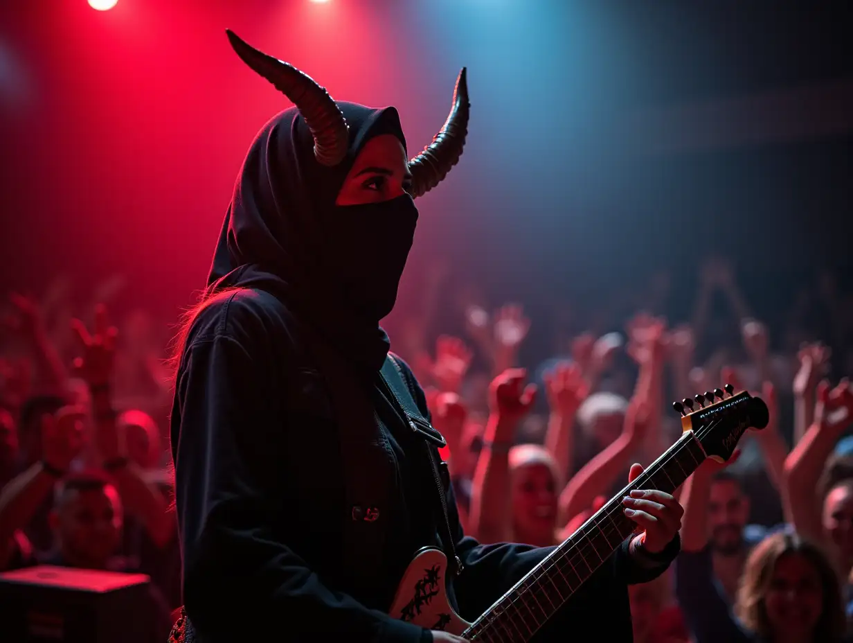 A rocker woman wearing a hijab and a face veil, a Muslim rocker woman, decorated with 2 horns on her hijab, is performing an eccentric electric melody guitar playing action, her guitar playing at a rock metal concert with many visitors who are enthusiastic about rock metal and follow the rhythm of her rock metal music, by raising 2 hands and jumping up and down along with the rhythm of the rock metal music