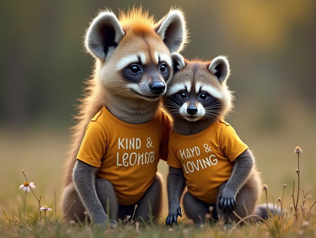 kind-and-loving-hyena mother wears a kind-and-loving-shirt. her kind-and-loving-raccoon babyson wears a kind-and-loving-shirt.