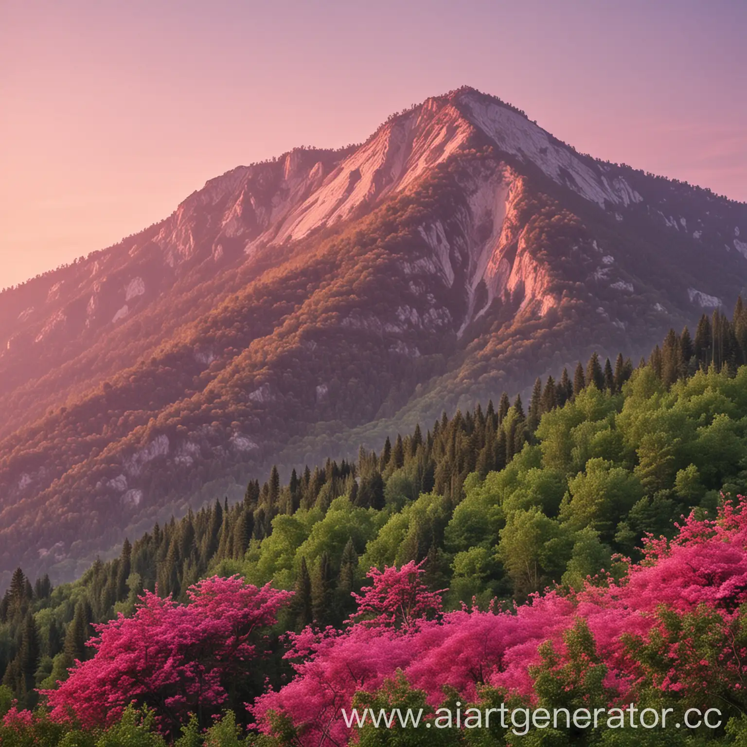 Pink summer evening: a mountain with green trees