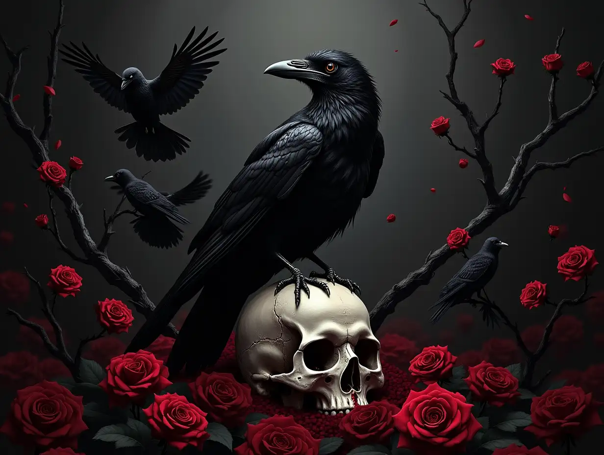 Create a dark, gothic, hyperrealistic illustration featuring a large, detailed raven perched atop a human skull, positioned at the center. Surround the skull with red roses and thorny black branches dripping with blood. Include multiple ravens in various stages of flight, with some circling or perched on the branches and skull. Use a dark and dramatic color palette of black, deep red, and dark burgundy. Emphasize sharp details, focusing on the intricate feathers of the ravens, the fine texture of the skull, and the roses. The overall composition should evoke an ominous, death-themed aesthetic in a dark, possibly nocturnal landscape, conveying a sense of mystery and darkness.