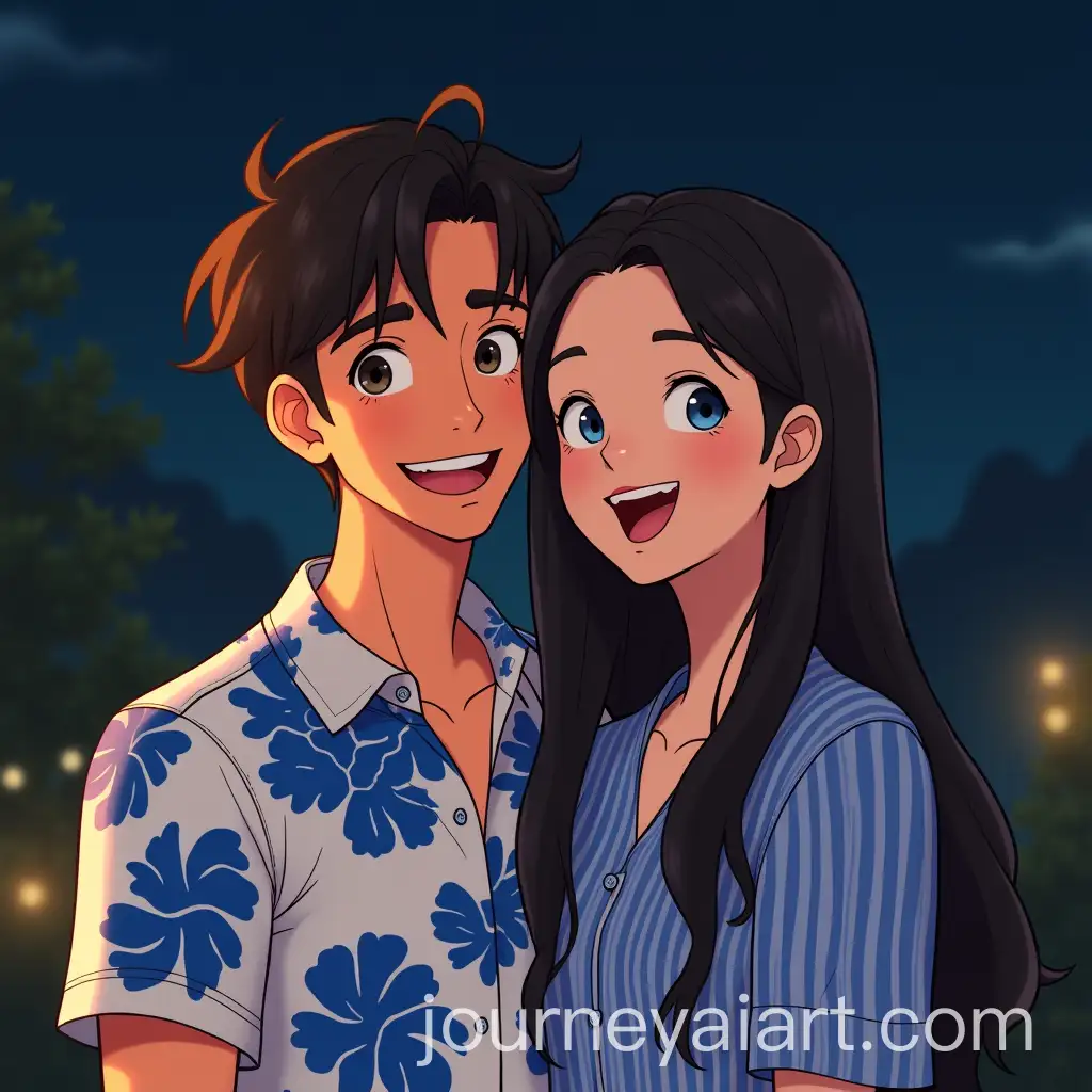 Couple-Posing-in-Cozy-Nighttime-Setting-with-Floral-and-Striped-Outfits-in-Studio-Ghibli-Style