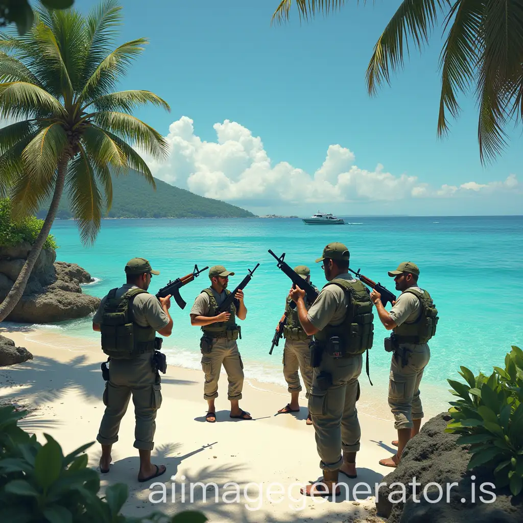 group of armed men on a tropical island