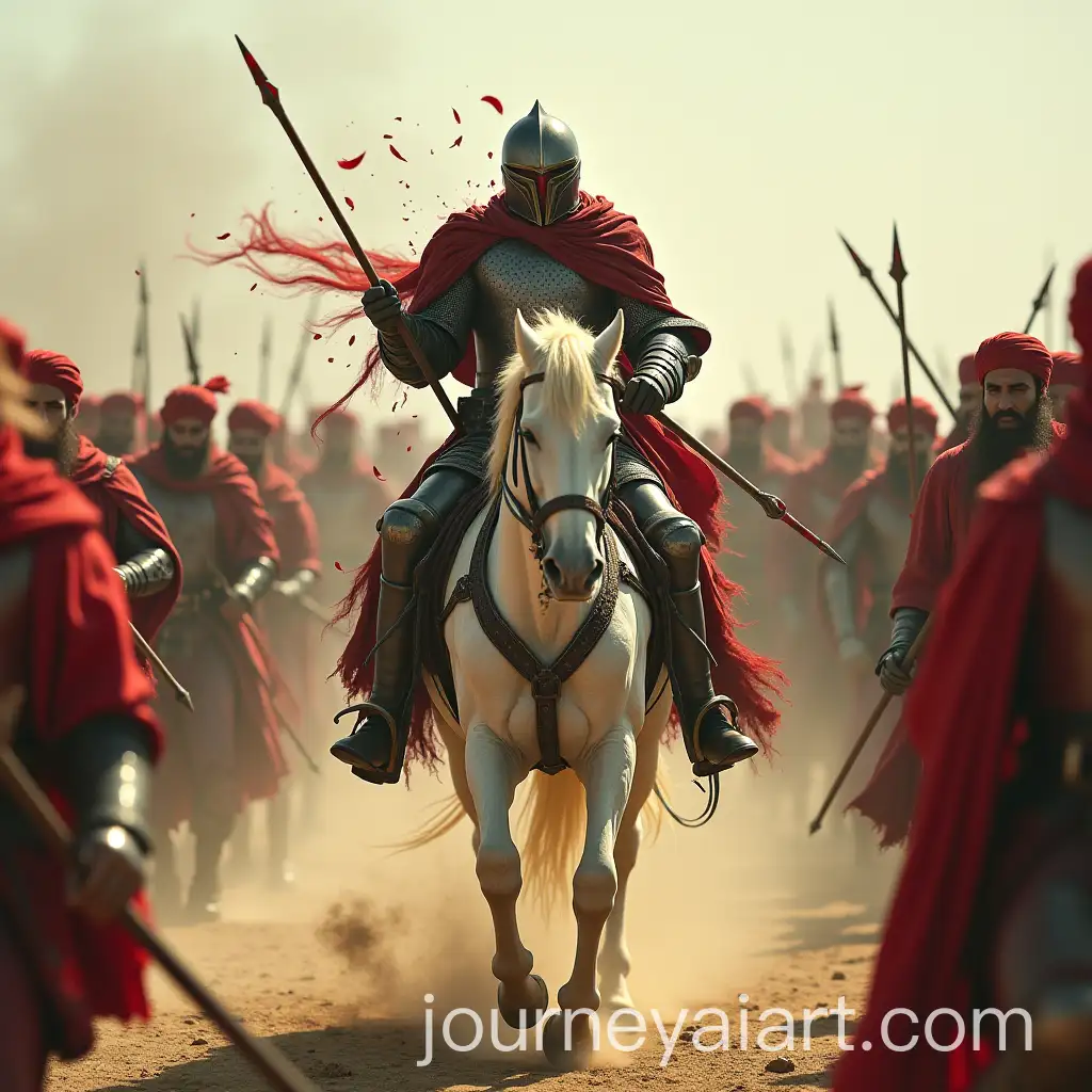 Knight-on-White-Horse-Surrounded-by-Soldiers-in-Red-Turbans-in-Fantasy-Battle