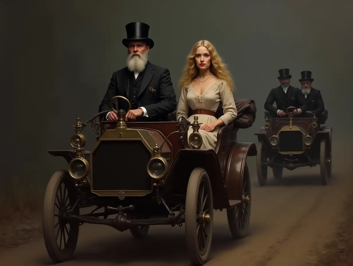 An oil painting man with a grey tidy beard and woman with long blonde hair are riding in a T model ford together on a trail in the 1820's both dressed in typical driving clothes, but formal attire other same period cars are moving with them. The background is a dark gray, creating an atmosphere of mystery and elegance, --s 500 --v 6.0 --style raw --ar 51:91