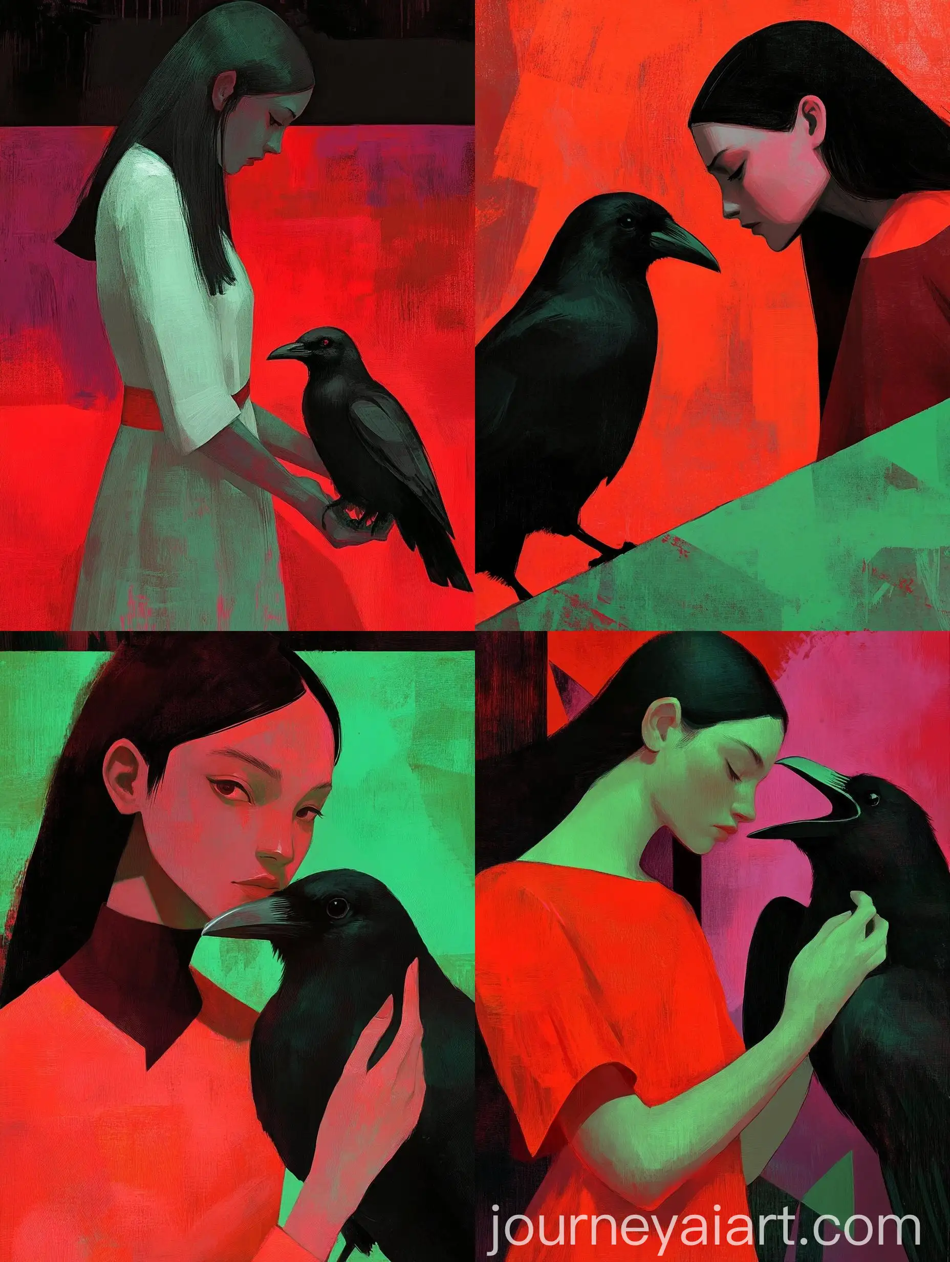 Mysterious-Girl-and-Her-Loyal-Crow-in-a-Surreal-Landscape