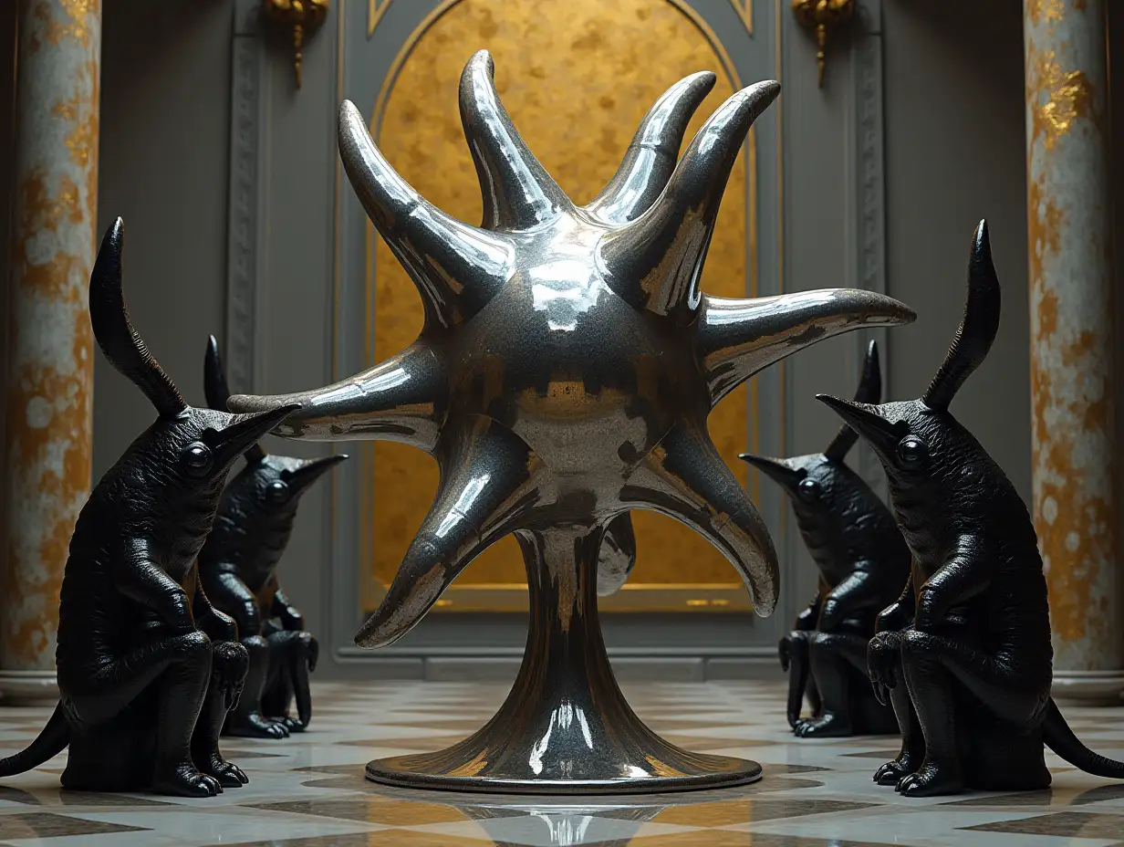 Surreal-Chrome-Liquid-Metal-Sculpture-with-Lobster-Head-Statues-in-Ceremonial-Room