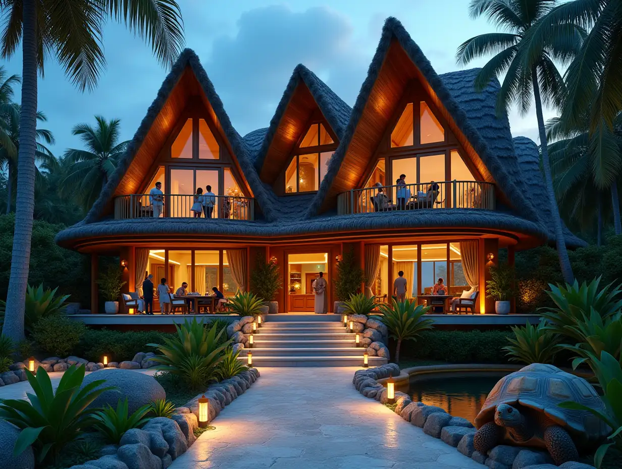 Crooked house with people, plants, a giant tortoise, a lit path to the beach. Triangular window shapes, large marble complex entrance stairs, curved wooden roof with pond, glowing lanterns, benches with a view of the beach, 4K resolution, colorful, super wide-angle shots