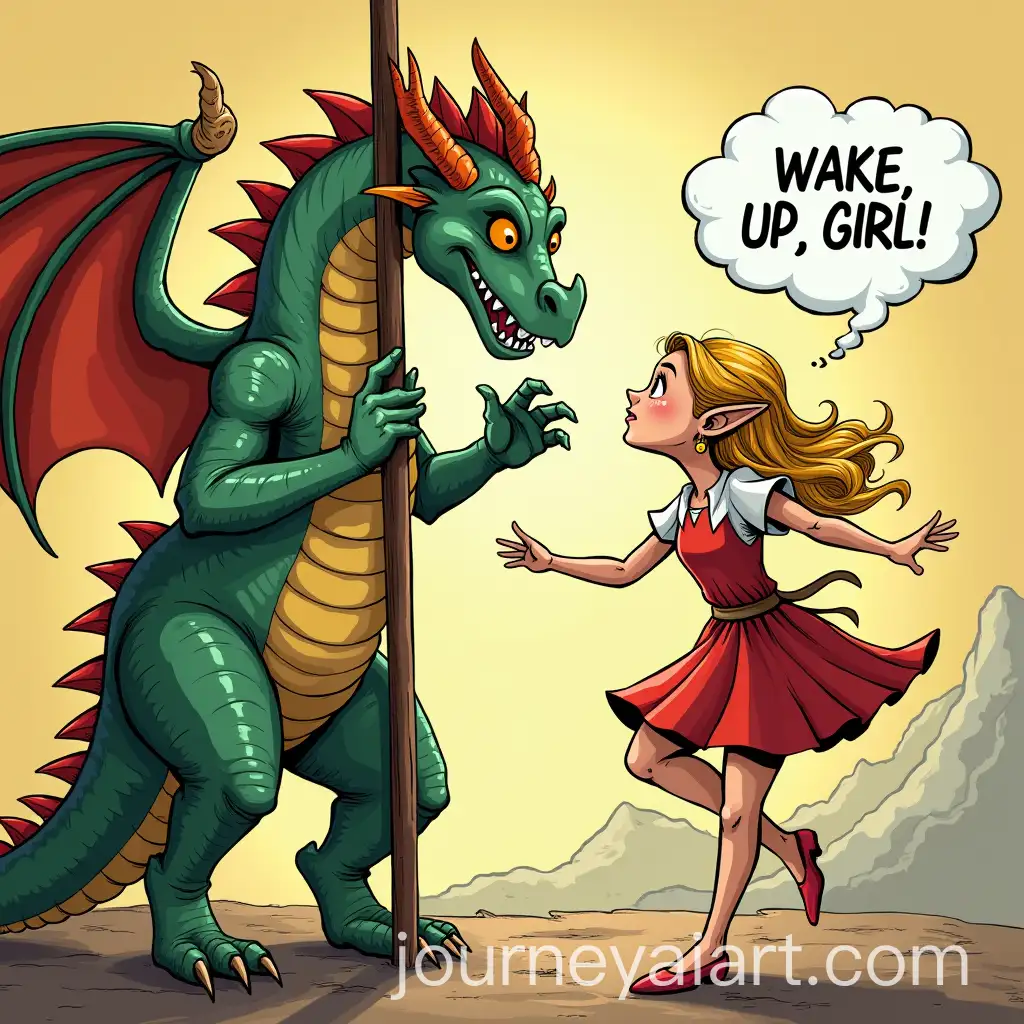 Funny-Dragon-Pole-Dancing-in-Front-of-Elf-Girl-with-Comic-Cloud-Saying-Wake-Up-Girl