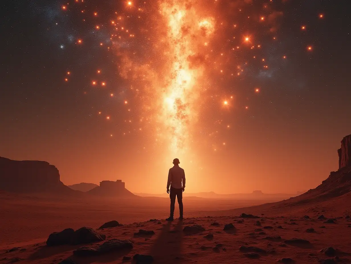 A person stands alone on Mars, looking upwards and gazing at the universe, where countless new stars are exploding