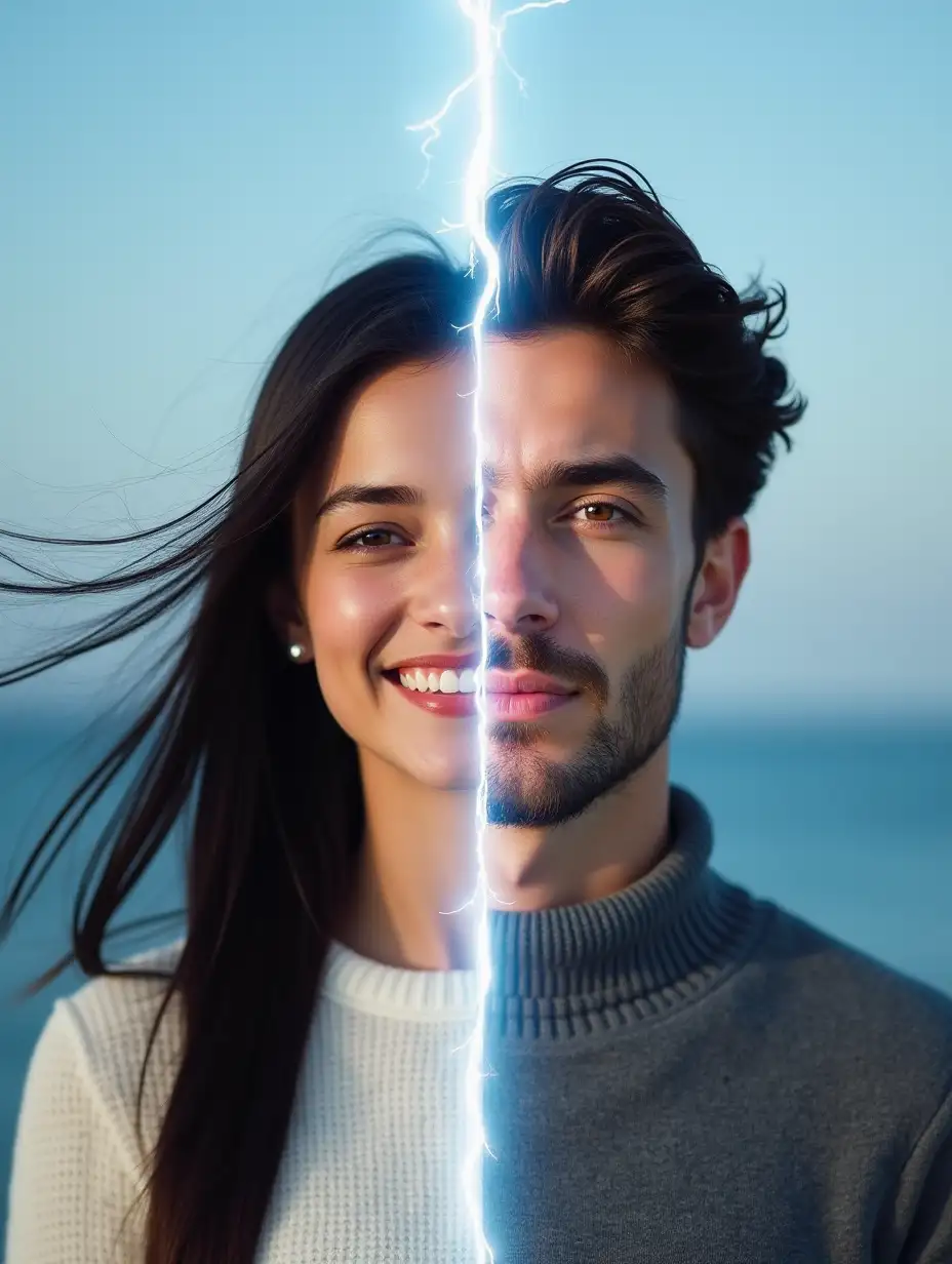 Input human head, split by high voltage arc into two halves. On one side - a smiling beautiful girl with long hair black, dressed in a white sweater, and on the other side - a serious guy, brunette, dressed in gray jumper. Head proportions are maintained. Style - real photo. Background - blue sea