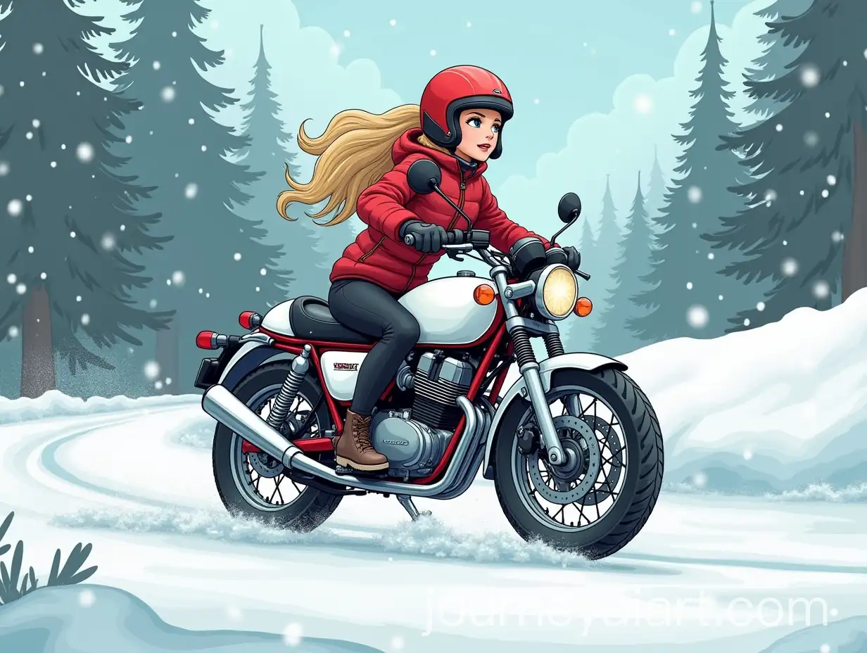 Blonde-Girl-Riding-White-Honda-CB-750-Hornet-Motorcycle-in-Snowy-Forest