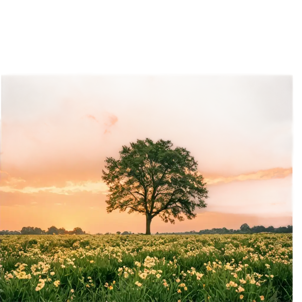 Create-a-Stunning-PNG-Image-of-a-Flowery-Field-with-a-Leafy-Tree-and-Sunset-Background