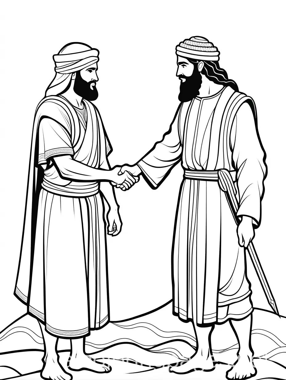 an teenage israelite shepherd and israelite warrior from the bible shaking hands, Coloring Page, black and white, line art, white background, Simplicity, Ample White Space. The background of the coloring page is plain white to make it easy for young children to color within the lines. The outlines of all the subjects are easy to distinguish, making it simple for kids to color without too much difficulty