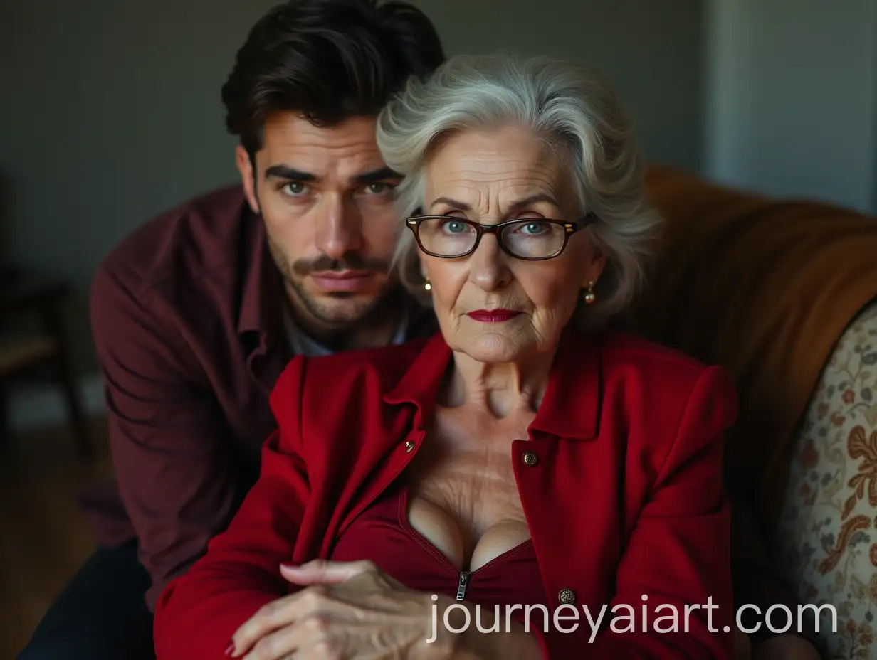Elegant-Older-Woman-in-Red-Jacket-Hugging-Young-Brunette-Man-on-Sofa