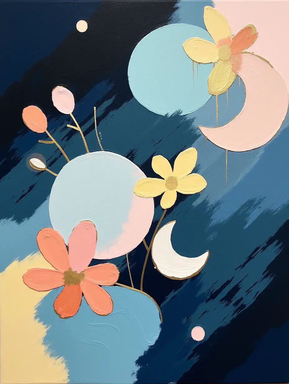 Create an abstract painting with layered diagonal black brushstrokes and streaks of dark indigo forming the backdrop, adorned with pastel shapes like abstract flowers, crescents, and raindrops in pastel yellow, blush pink, and aqua. Add faint metallic accents on the edges of the shapes for a modern touch.