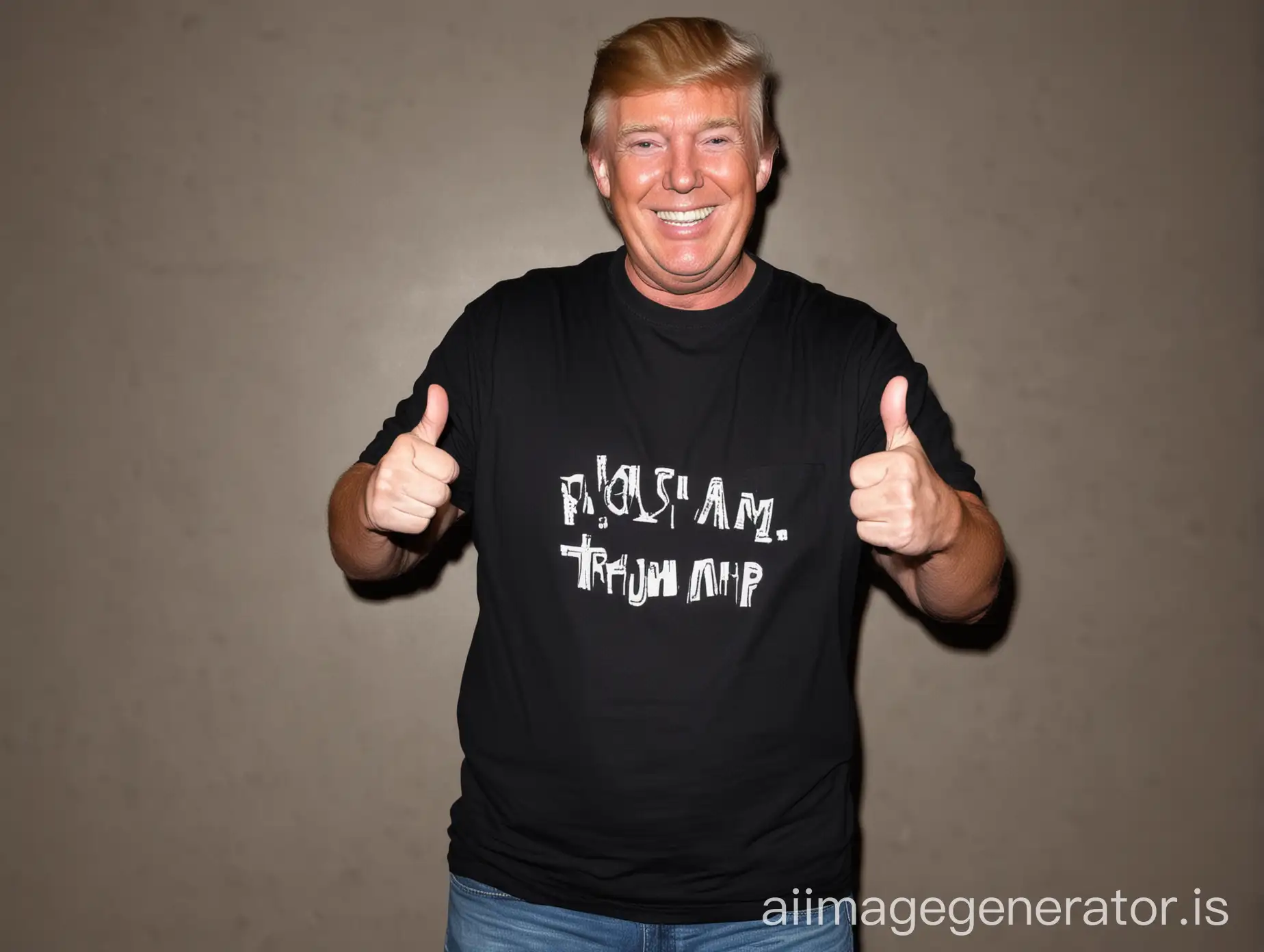 Donald Trump smiling with a black t-shirt standing with thumbs up