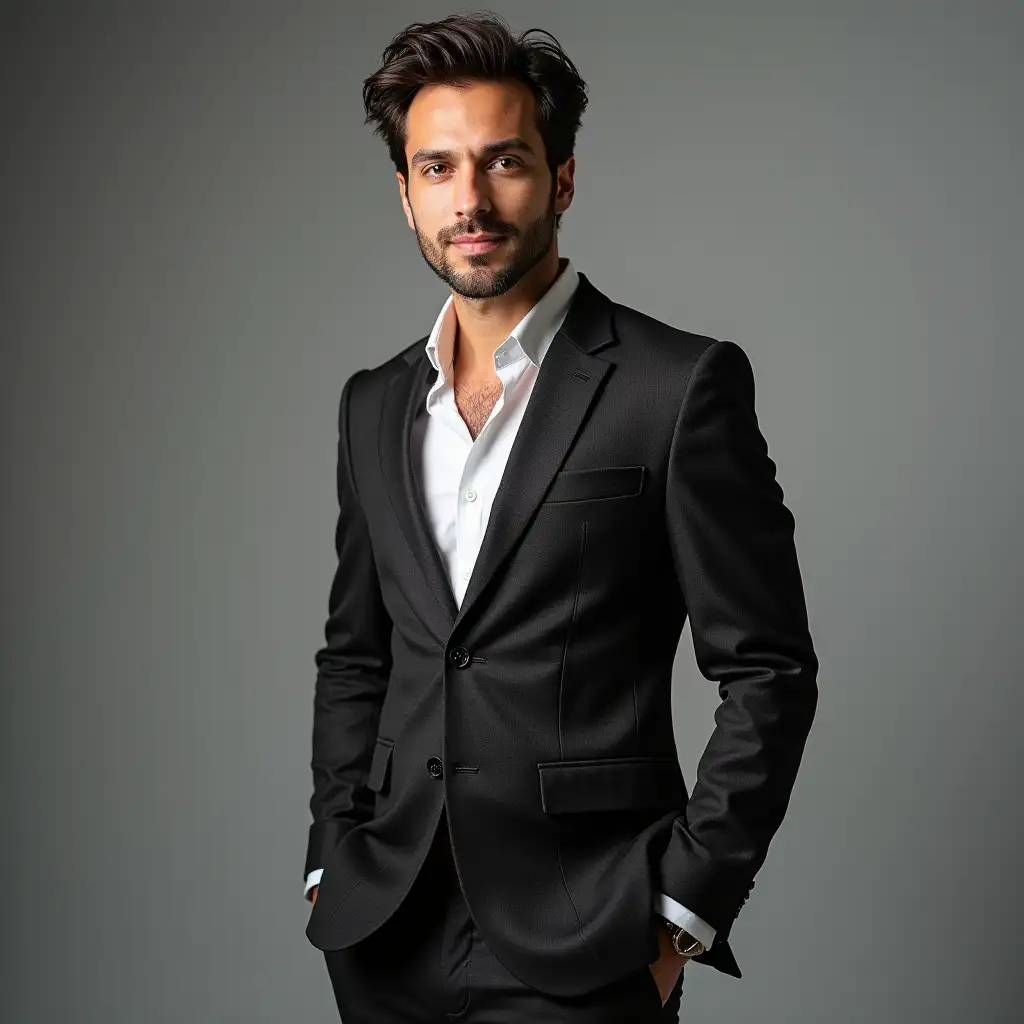 A professional portrait of a graphic designer in a studio wearing a beautiful and casual suit. He is looking at the camera, with his torso slightly turned to the right.