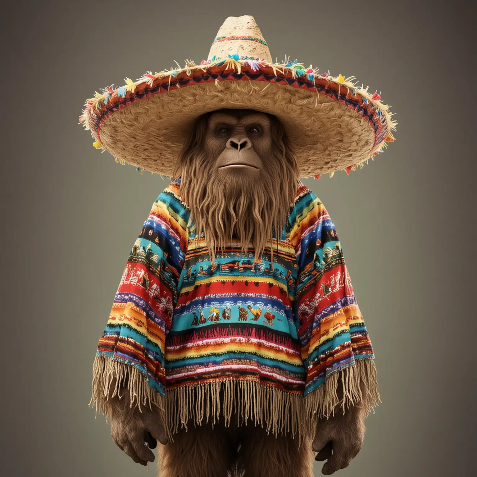 Sasquatch in Colorful Mexican Poncho and Sombrero