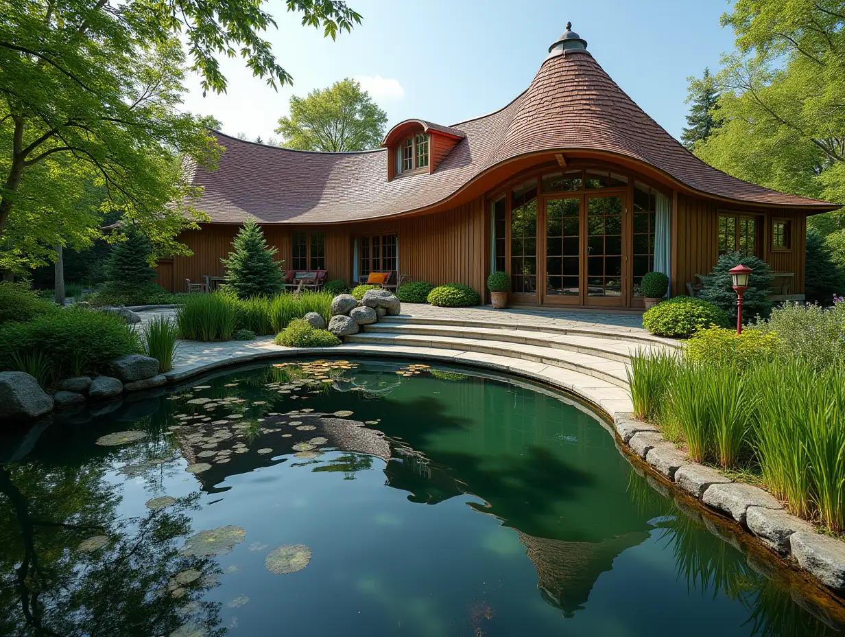 crooked house pond in the garden  Bepflanzung-Metal Stuck in the form of,large windows with glass to, curved, smooth window shapes, winding large entrance steps made of marble Complex curved roof with dike,Lanterns,Bank Apple tree 4K resolution Colorful superWide-angle shots