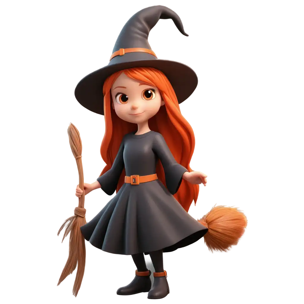 Cute-Child-Witch-PNG-3D-Drawing-with-Red-Hair-and-Black-Dress