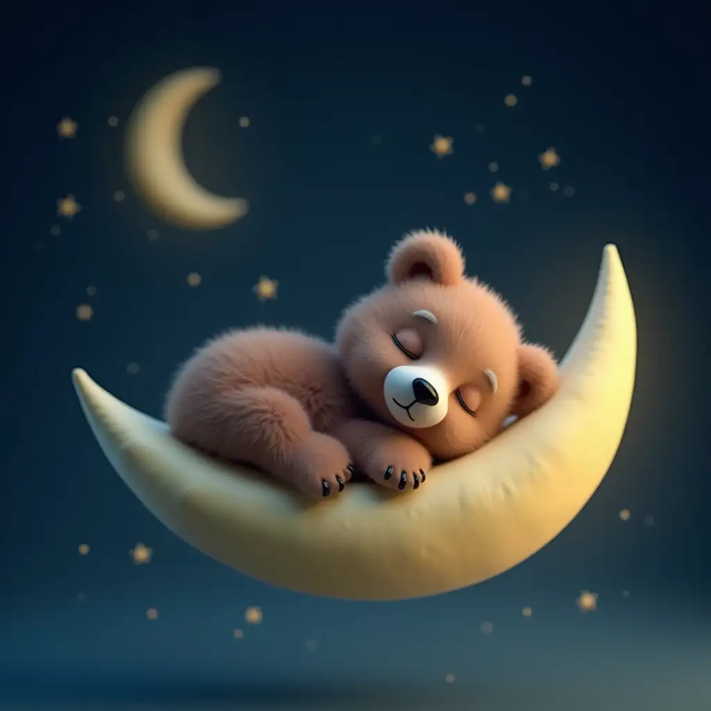 3D beautiful and adorable bear cub sleeping on a moon in a starry night