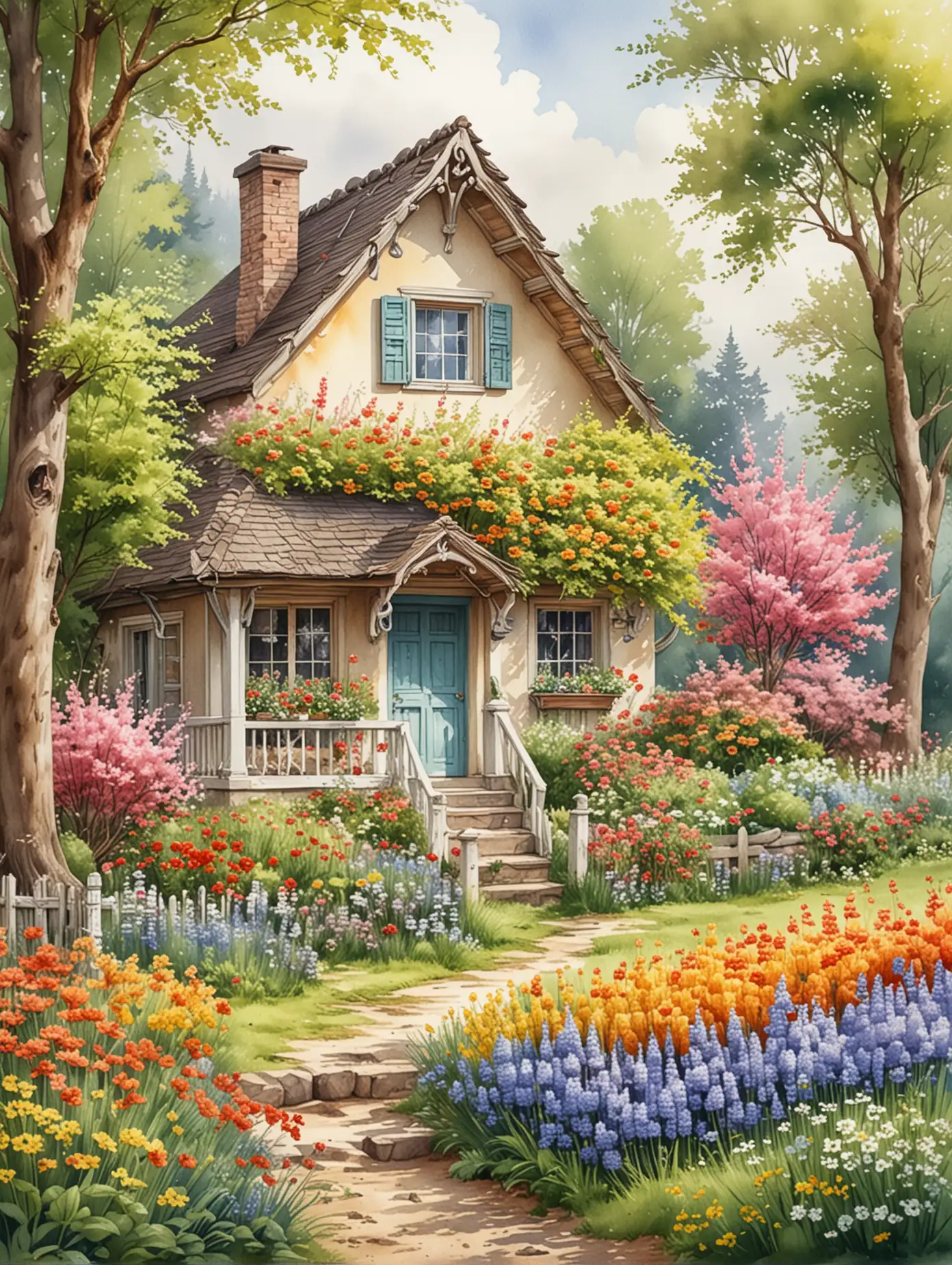 Charming-Spring-Cottage-Surrounded-by-Vibrant-Colors-in-Watercolor