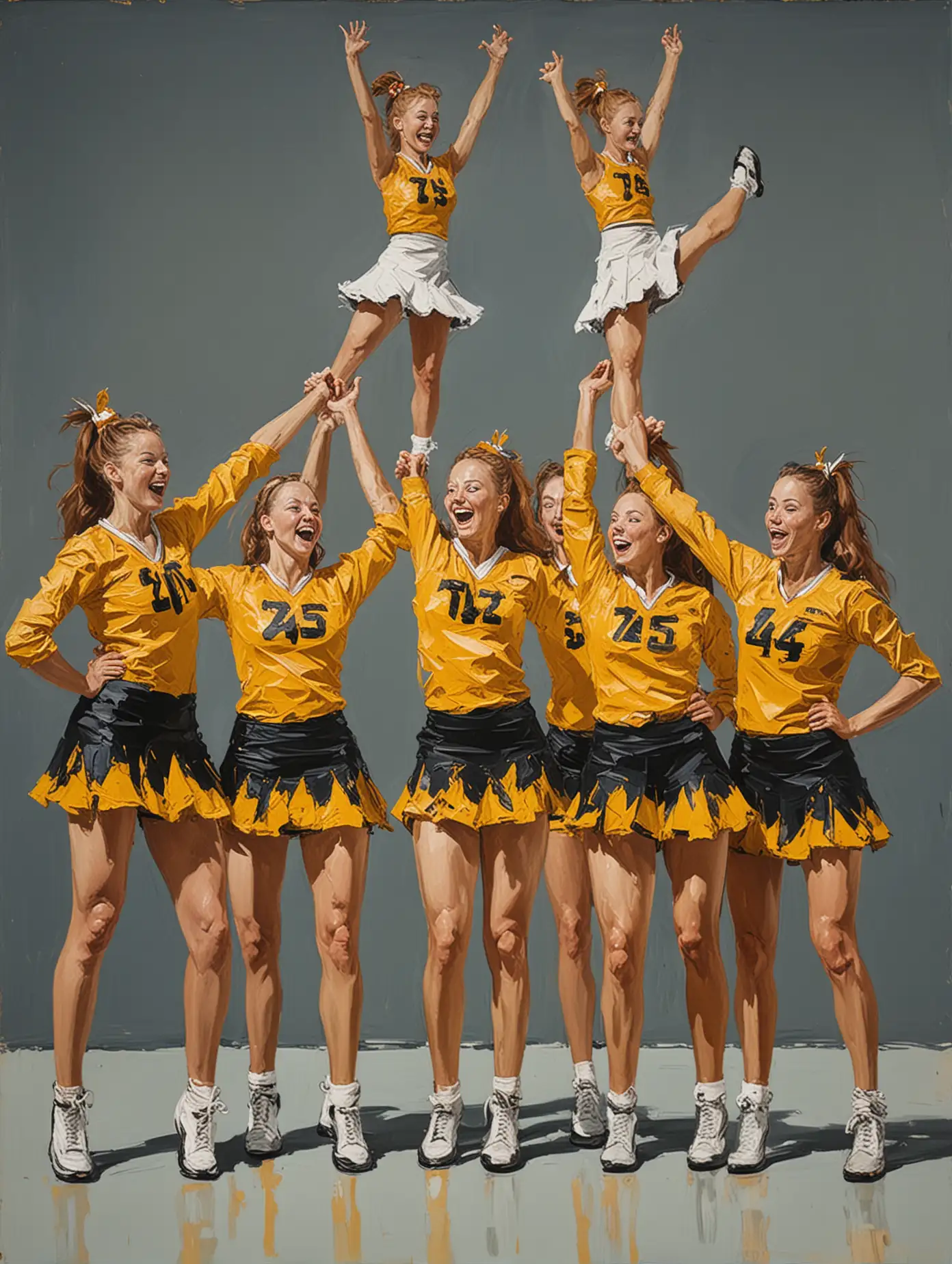 Georg Baselitz style contemporary painting featuring  a team of college cheerleaders posing in synchronized cheer formation , matte texture, abstraction influences, displayed as if in the Museum of Modern Art with an imagined provenance suitable for Christie's fine art auction, modern art, dramatic lighting, ultra fine detail.