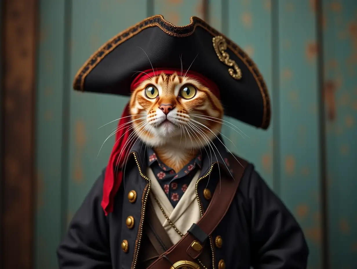 A cat playing the role of a pirate captain