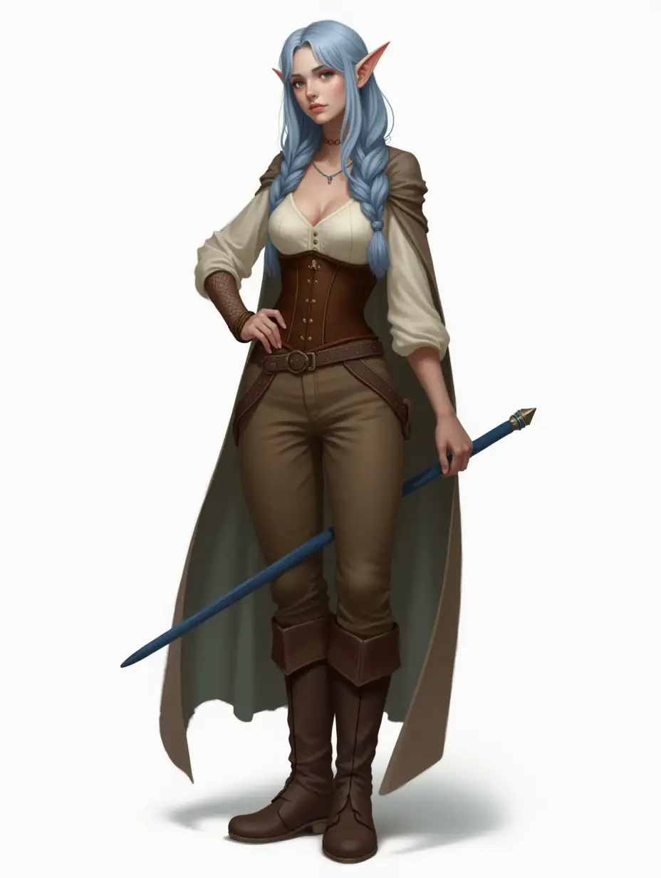 Full-body female elf, semi-realistic fantasy style. Mid-20s, average height, slim curvy build, pale skin. Long light blue hair in loose braid with face-framing bangs. Silver eyes, calm tired expression. Delicate sharp facial features, high cheekbones. Outfit: cream blouse under brown corset, earthy trousers, sturdy boots, cloak. Holding a blue sleek thin short wand. Confident posture, soft lighting, solid white/grey background. Intricate details, sharp focus, painterly textures, mystical atmosphere.