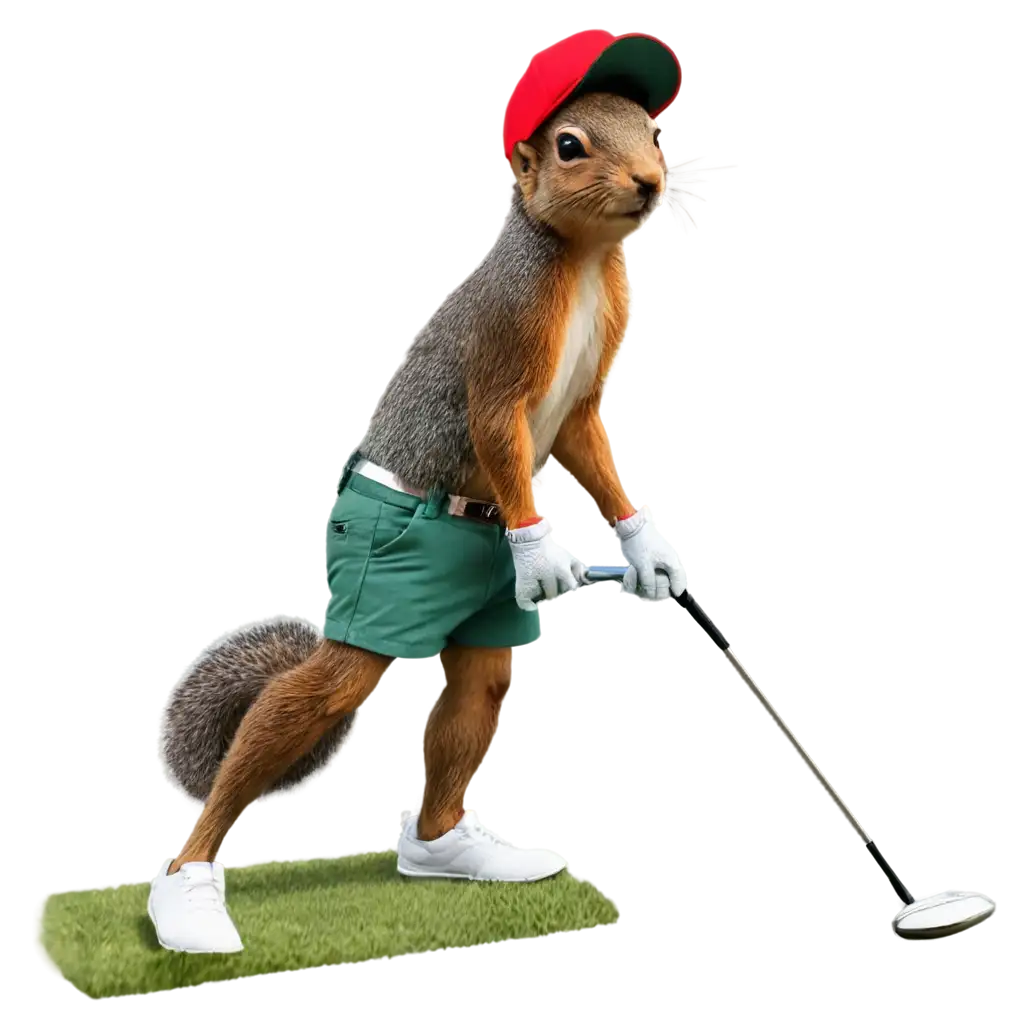 Squirrel in shorts and a cap playing golf