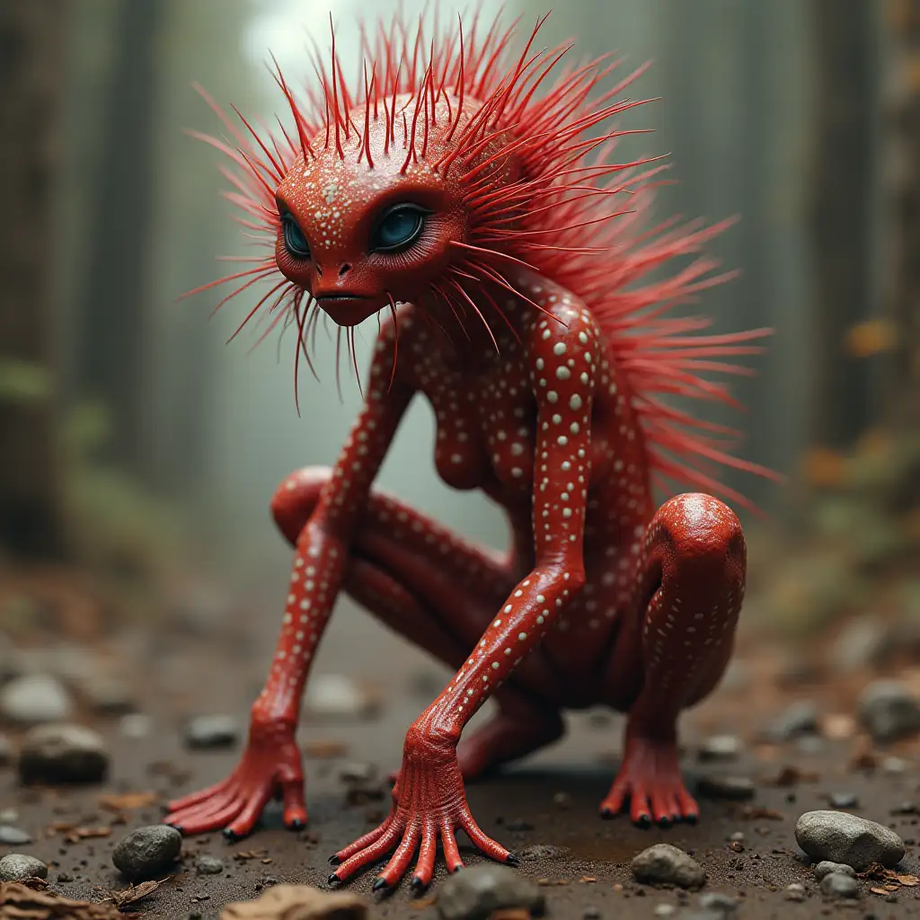 Alien woman red skin with white spots long legs porcupine hair