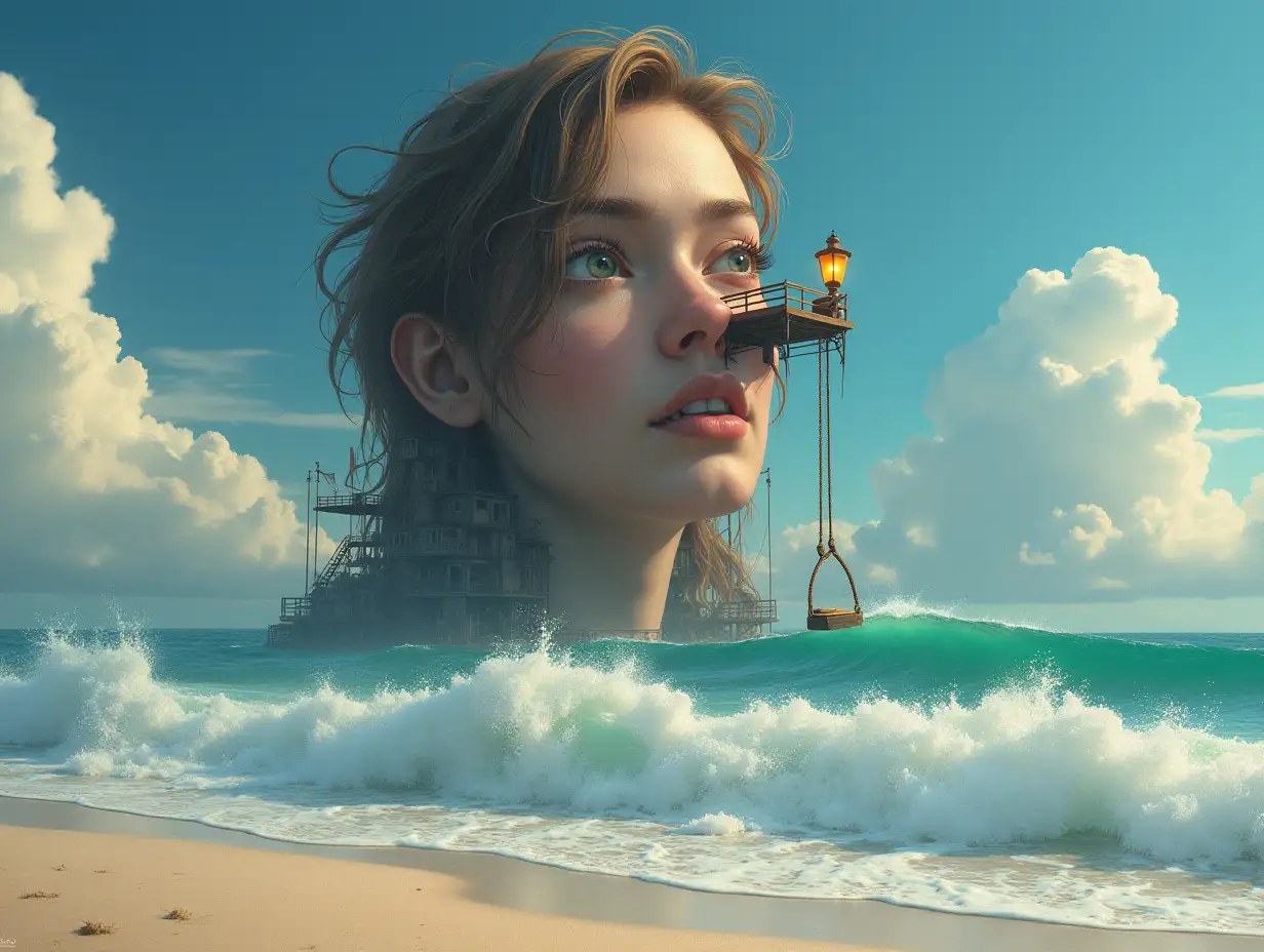 Face with hair transformed into a tall building with a terrace with lantern and hanging swing on the beach with big waves and clouds